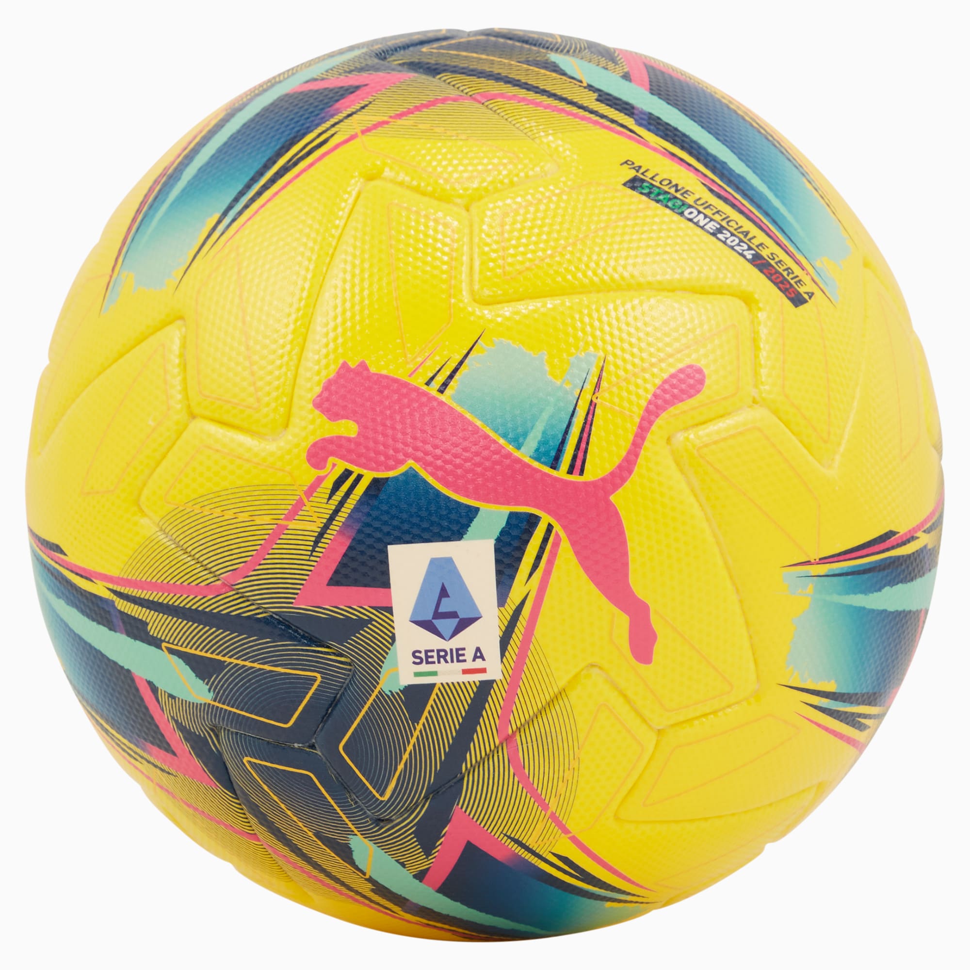 Pallone da calcio PUMA giallo con logo rosa e dettagli blu, turchesi e rosa.