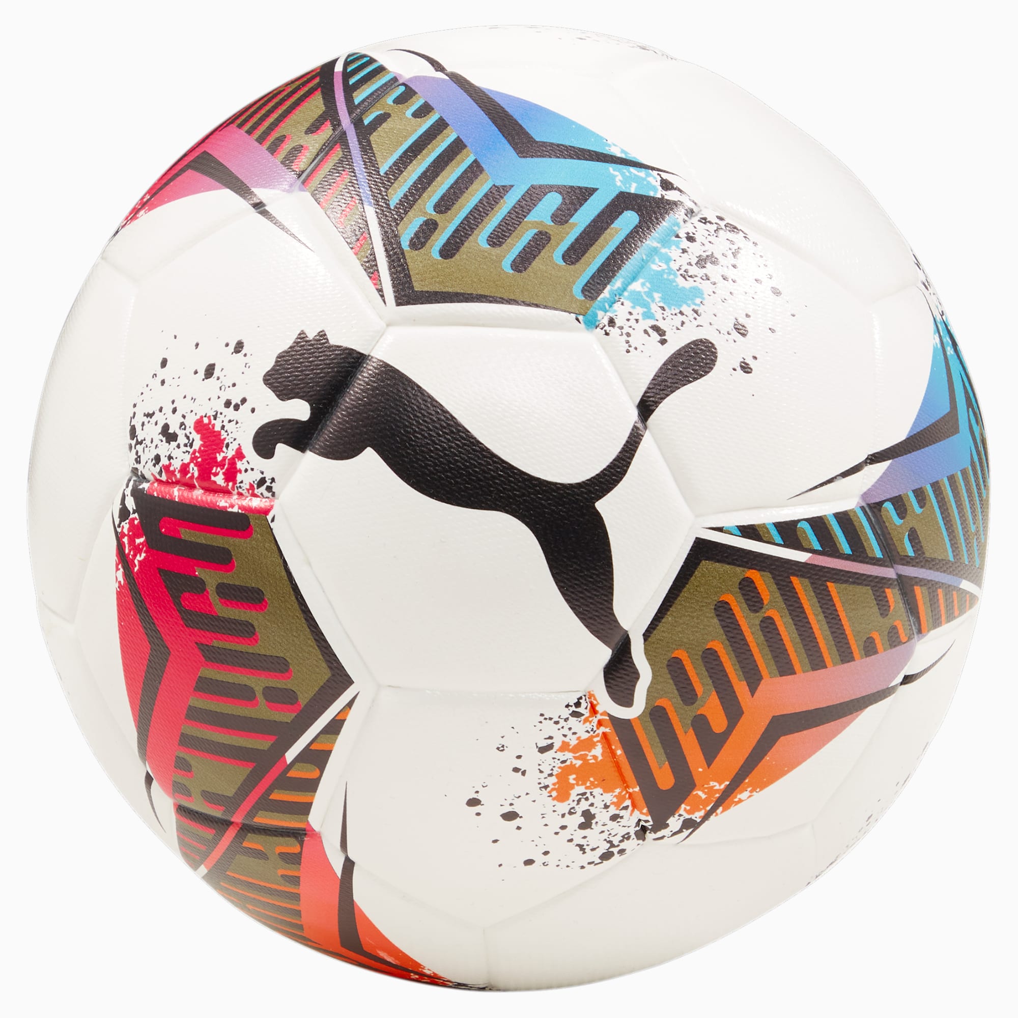 Pallone da calcio PUMA bianco con grafiche colorate e logo nero.