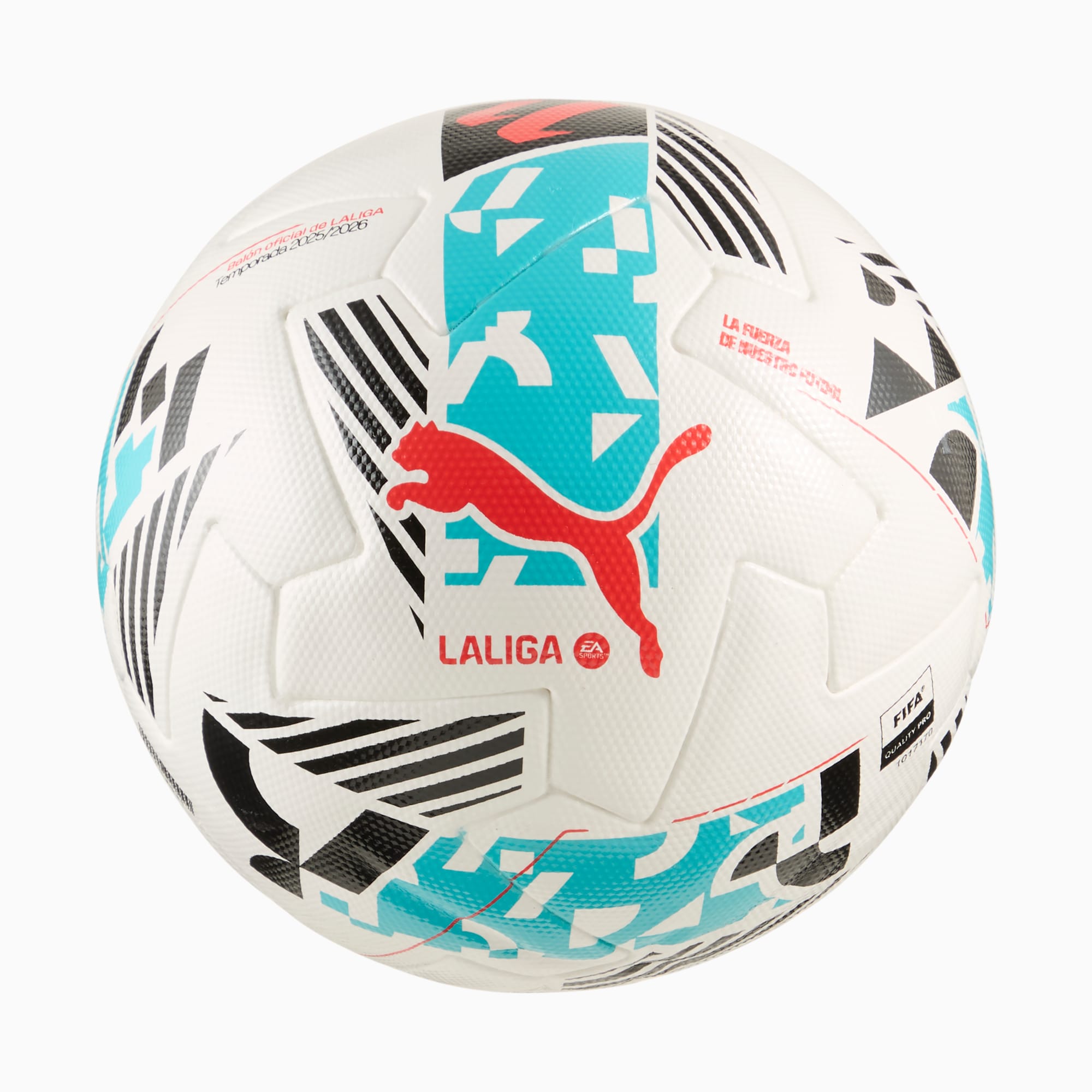 White PUMA football with teal, black and red graphics and La Liga branding.