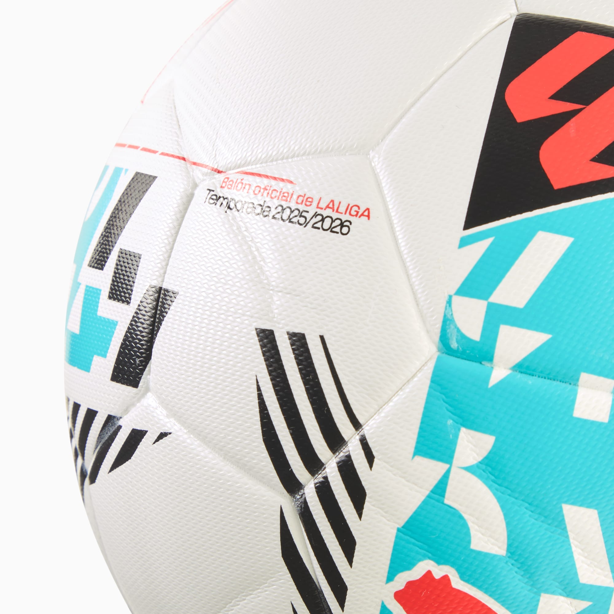 White PUMA football with black, blue and red graphic elements.