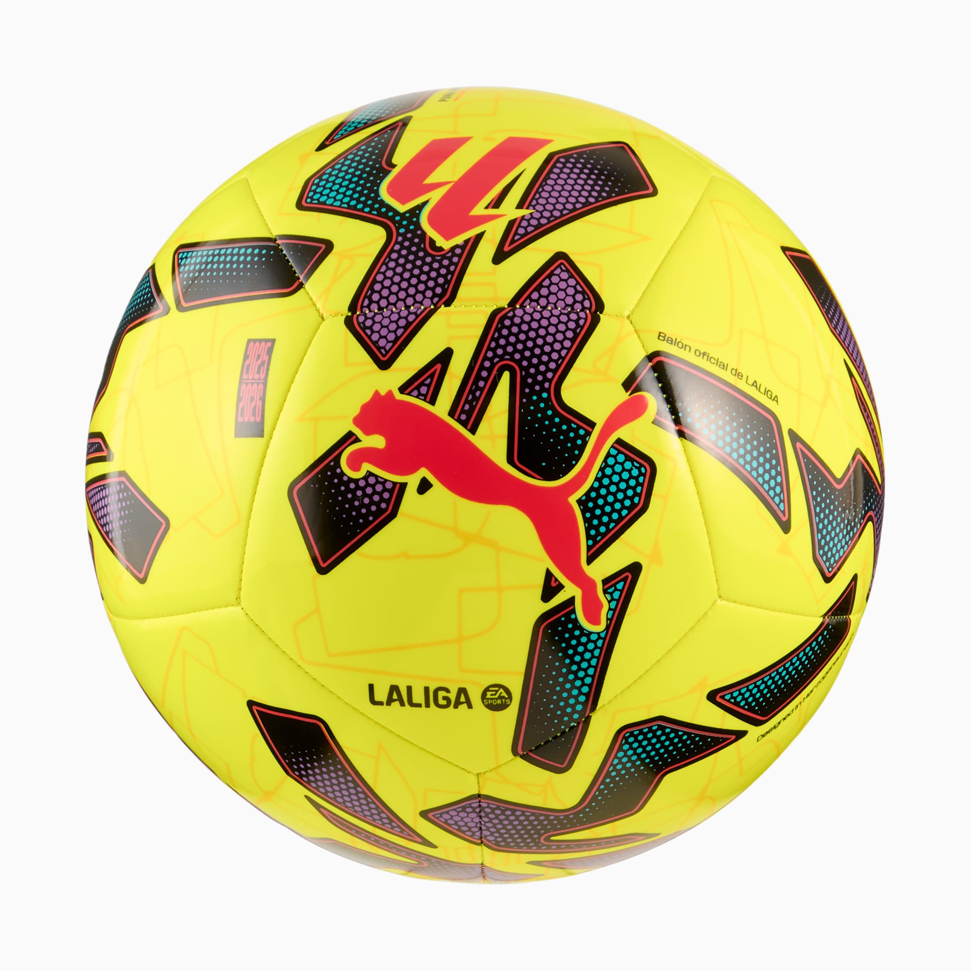 Yellow PUMA football, patterned with black, purple, and teal geometric shapes.