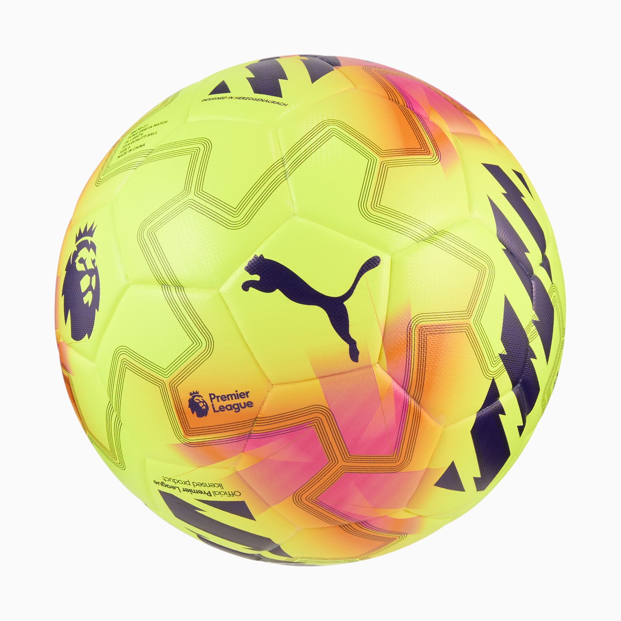Ballon de foot jaune PUMA adulte, avec logos Premier League et motifs géométriques.