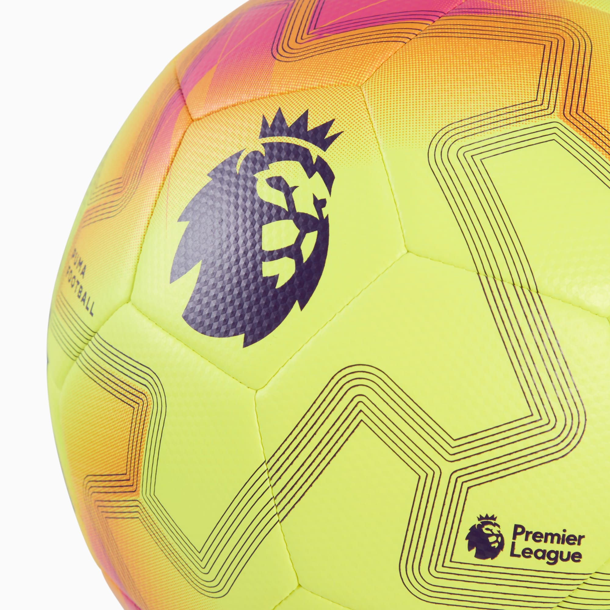 Yellow PUMA football with geometric design and Premier League logo.