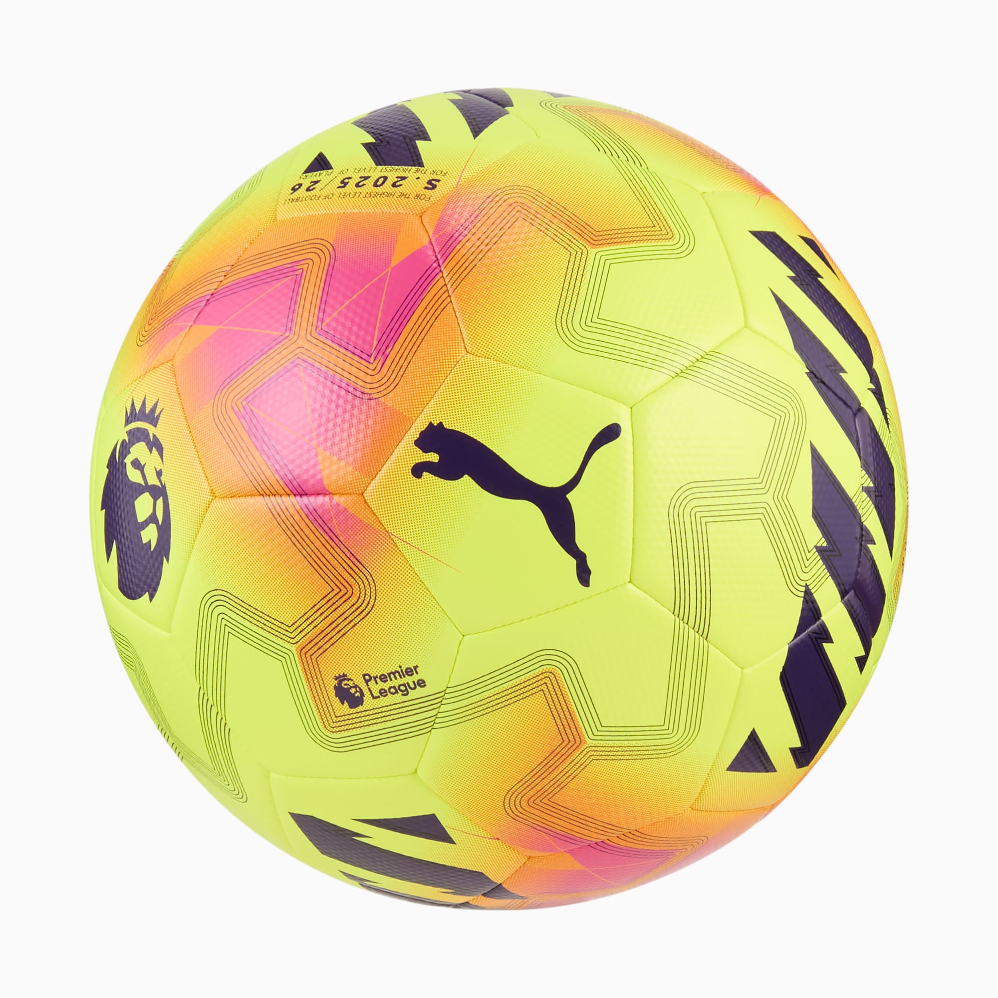 Yellow PUMA football with pink and black accents, plus Premier League logo.
