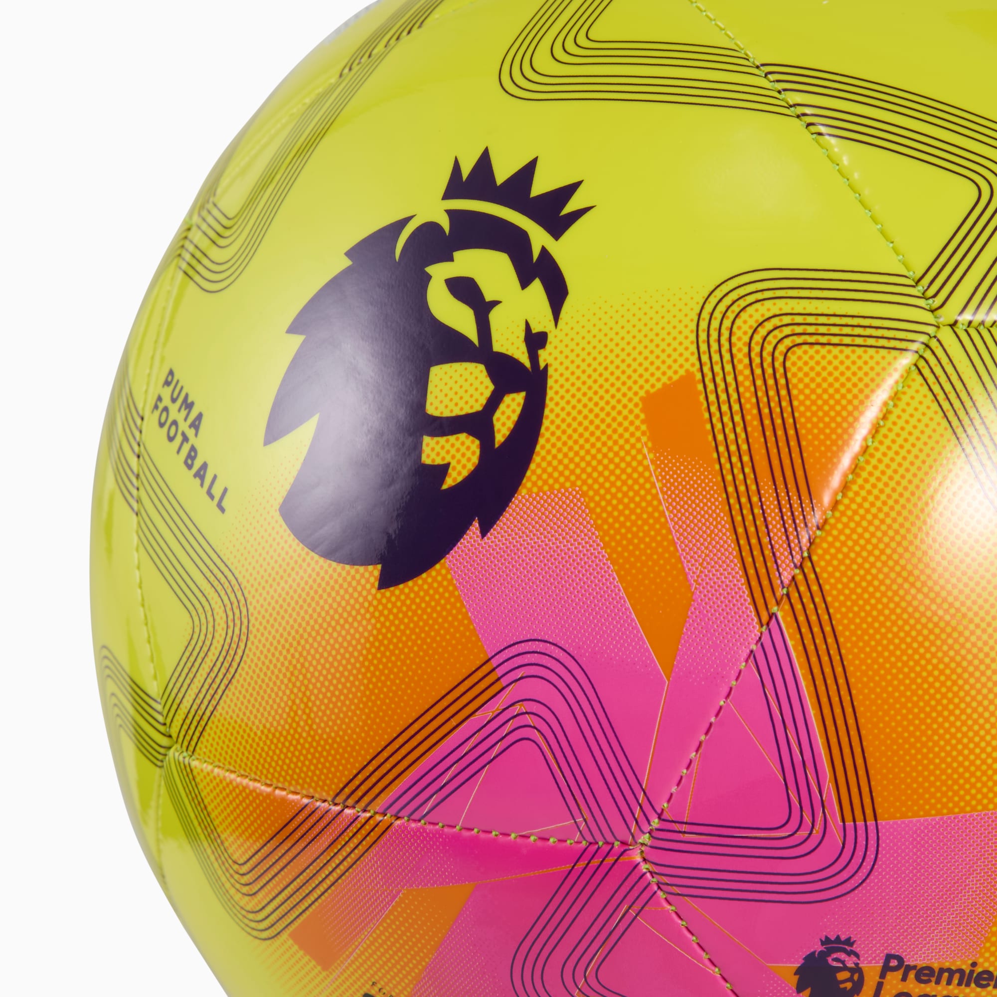 Yellow PUMA football with Premier League logo and pink and orange geometric design.