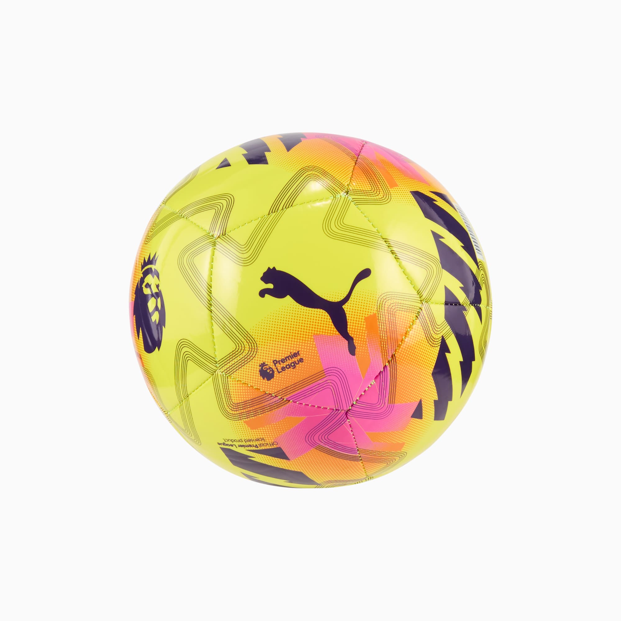 Gelber PUMA Fußball mit pinken, orangen und schwarzen Grafiken und Markenlogos.