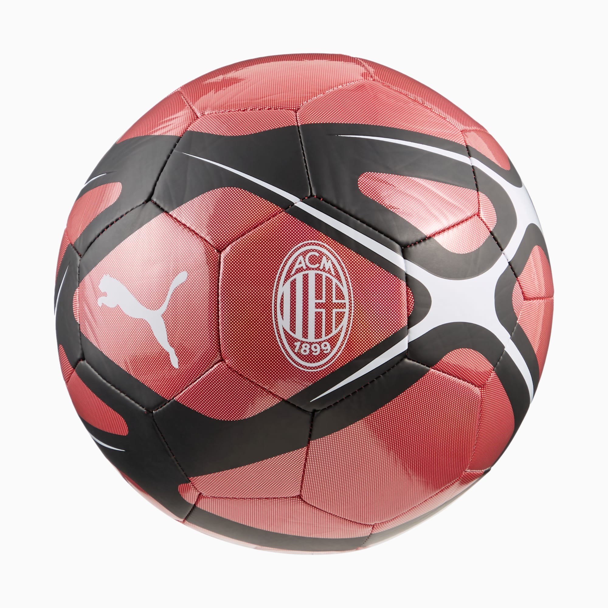 Roter PUMA Fußball mit schwarzen Akzenten, weißen Details und dem AC Mailand Logo.