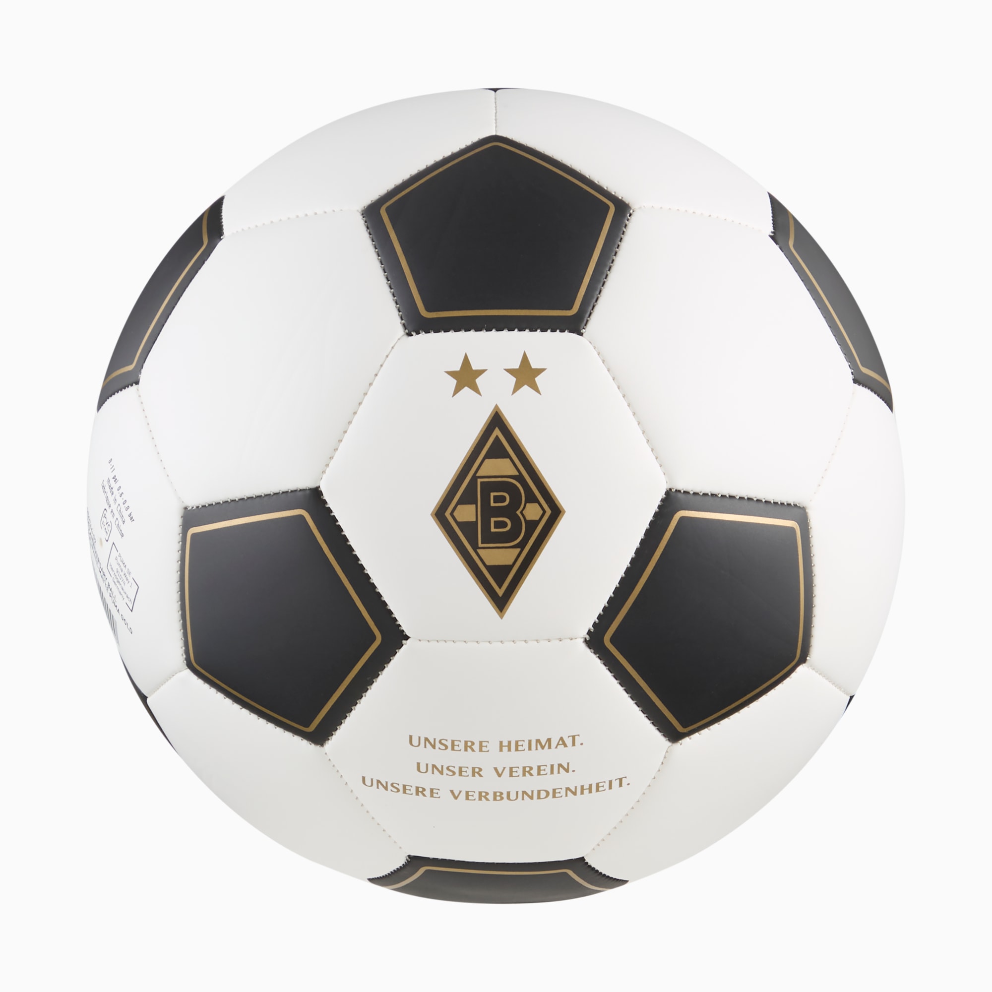 Witte PUMA voetbal met zwarte vijfhoeken, gouden accenten en clublogo.