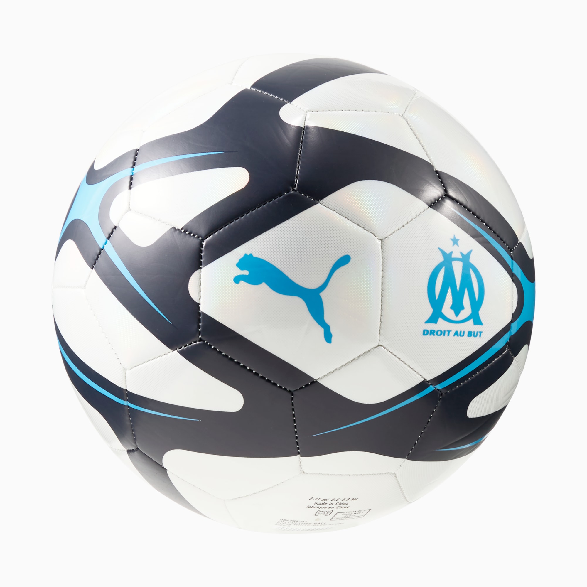 Pallone da calcio PUMA bianco con dettagli neri e azzurri e loghi del marchio.