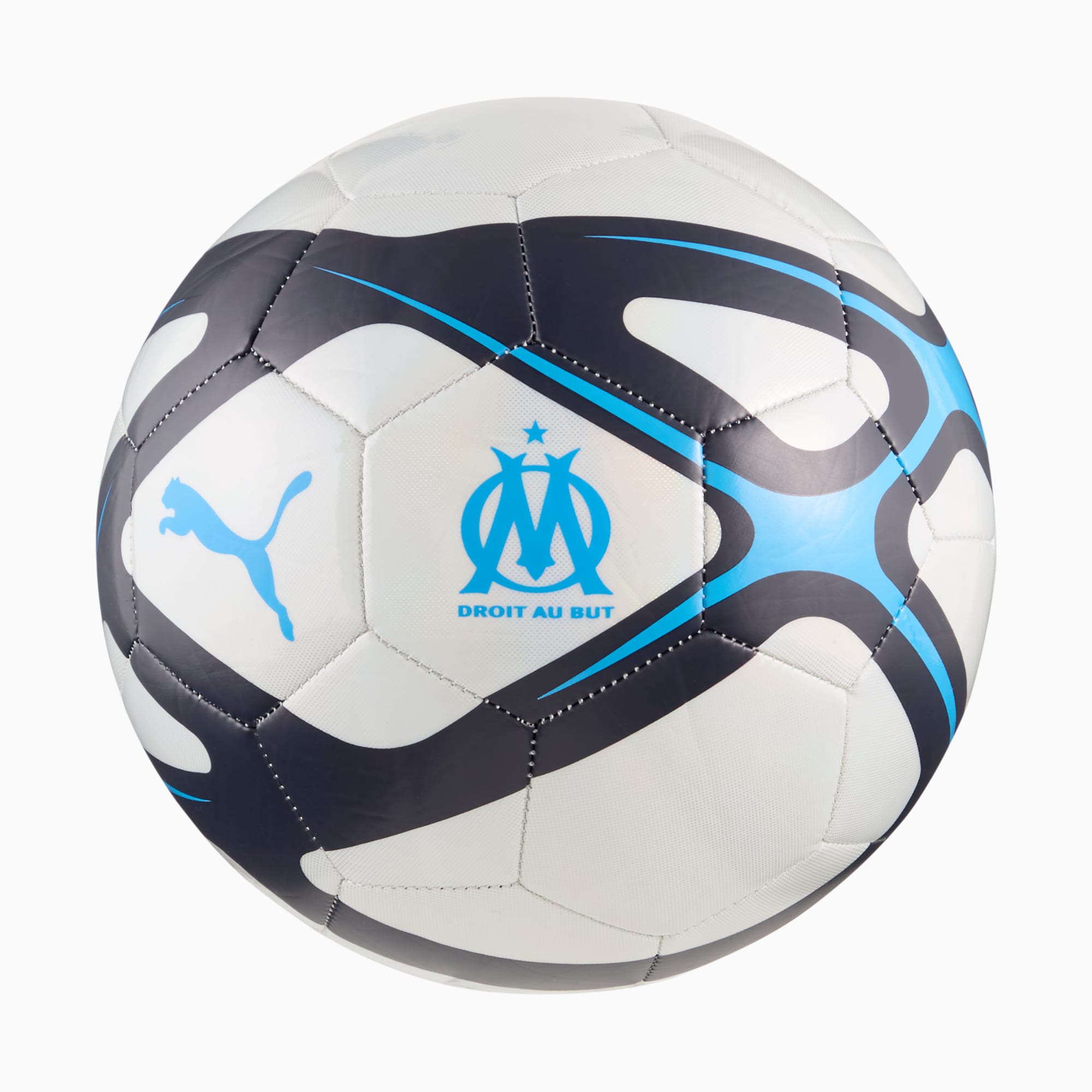 Pallone da calcio PUMA bianco con dettagli neri e blu, stemma della squadra e logo.