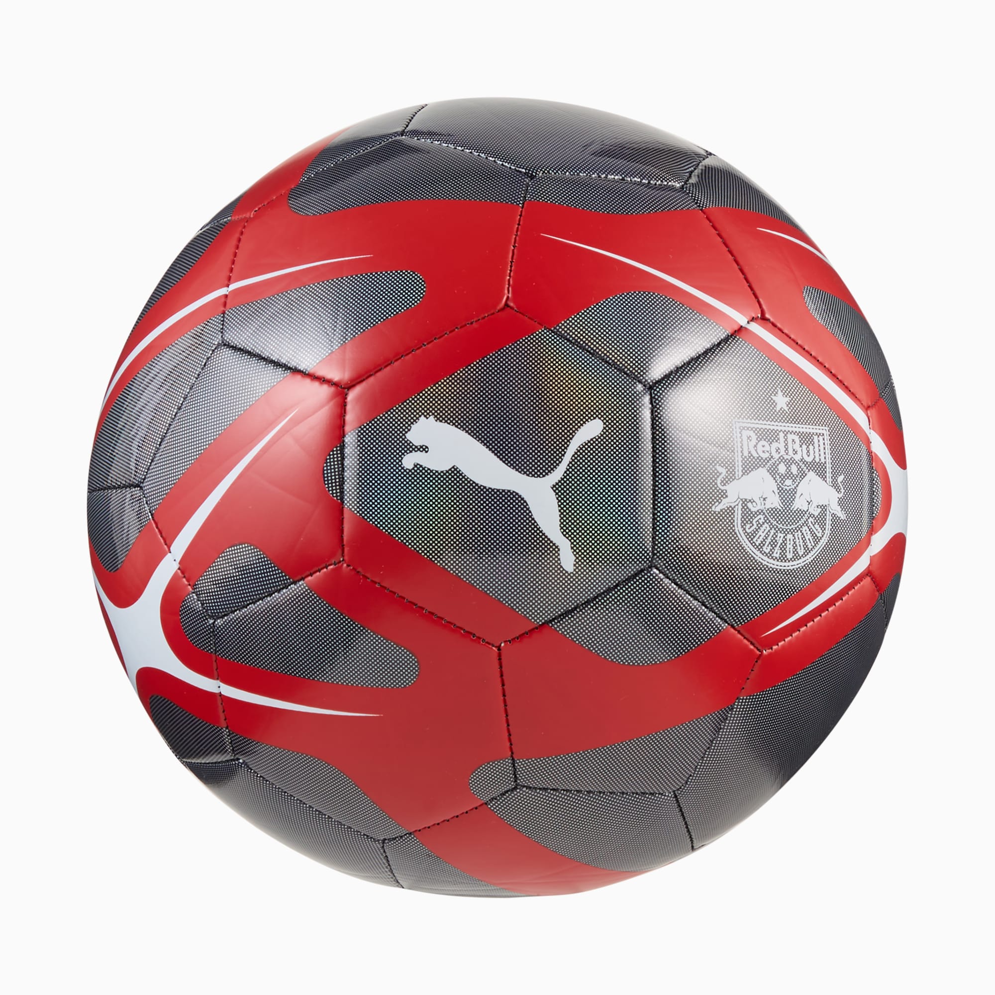Rot-grauer PUMA Fußball mit Red Bull Logo und weißen, geschwungenen Streifen.