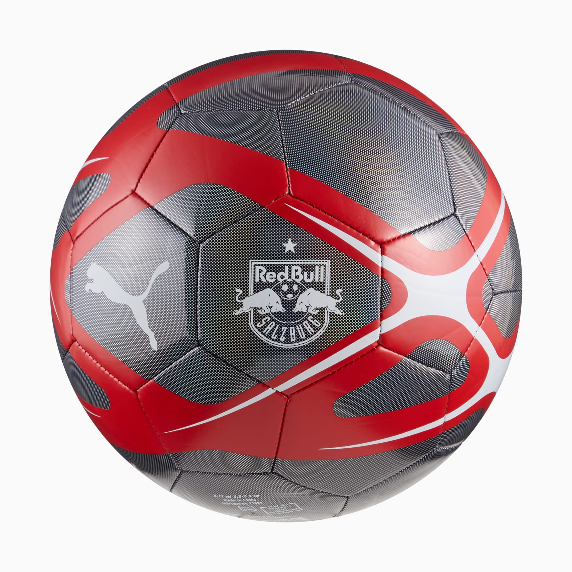 Grauer PUMA Fußball mit roten Details, weißen Akzenten und Red Bull Salzburg Logo.