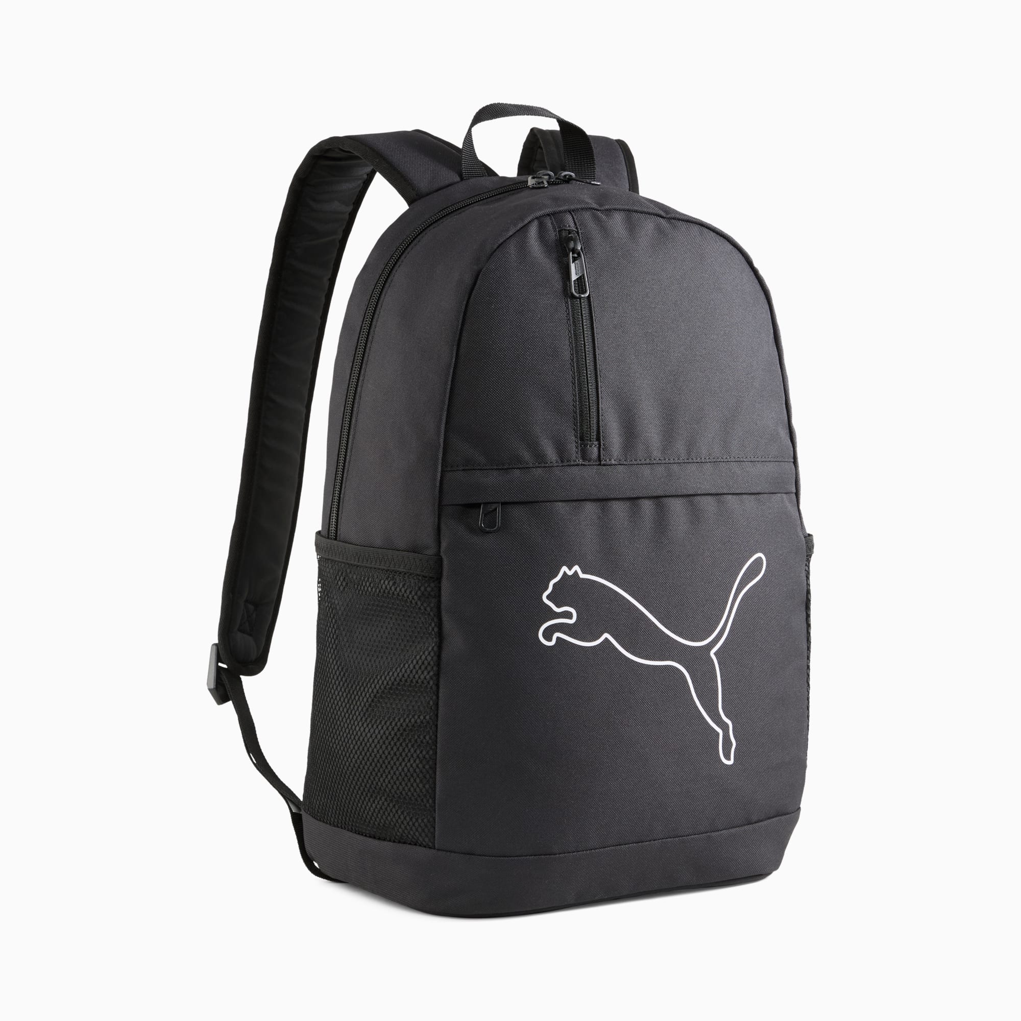 Sac à dos PUMA noir avec logo blanc, fermetures éclair et poche latérale en filet.