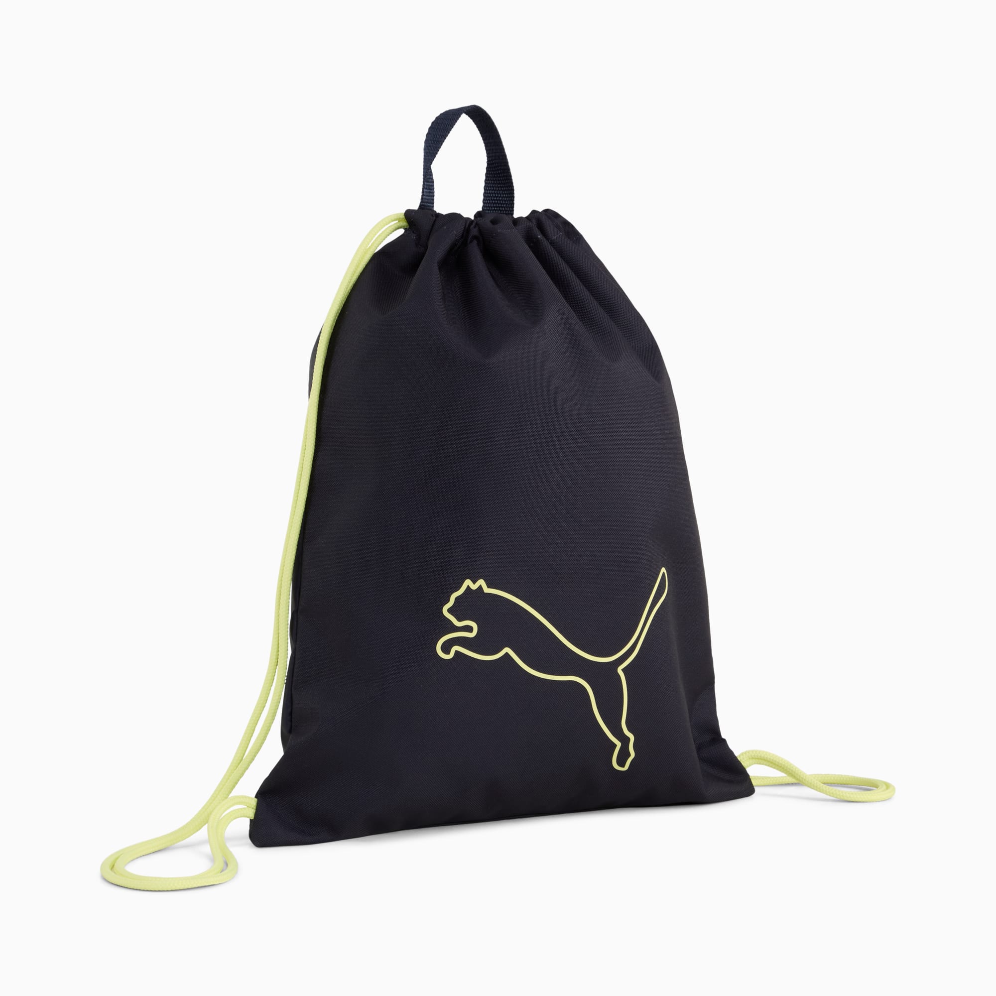Marineblauer PUMA Turnbeutel mit hellgrünem Logo-Umriss und Kordelzug.