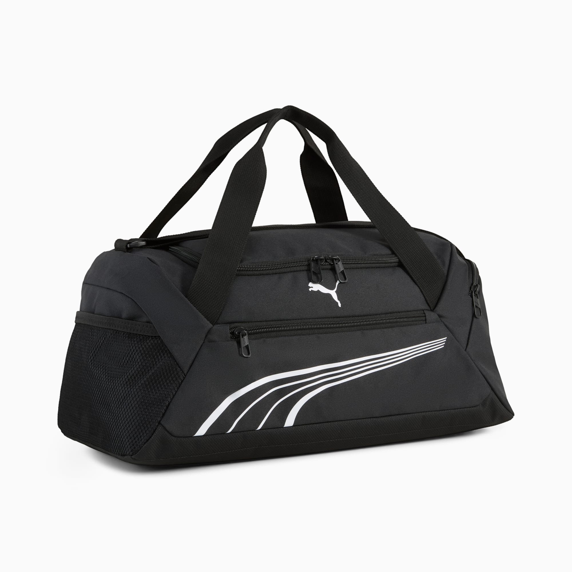 Borsa sportiva PUMA nera con chiusure zip, manici e design a strisce bianche.