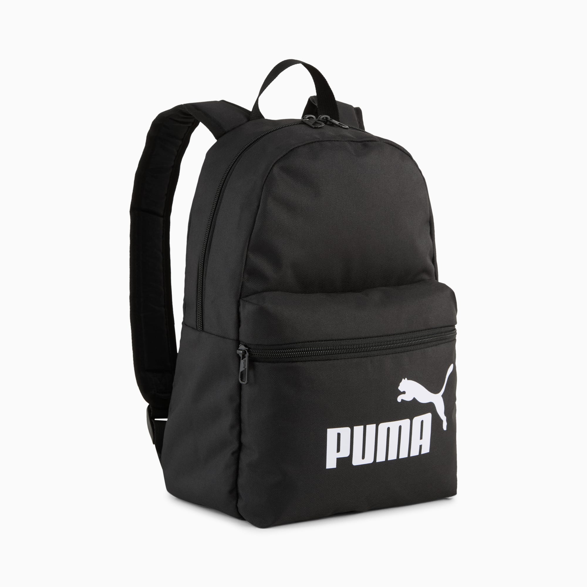 Zaino unisex nero PUMA con chiusure zip e grande logo bianco sul davanti.