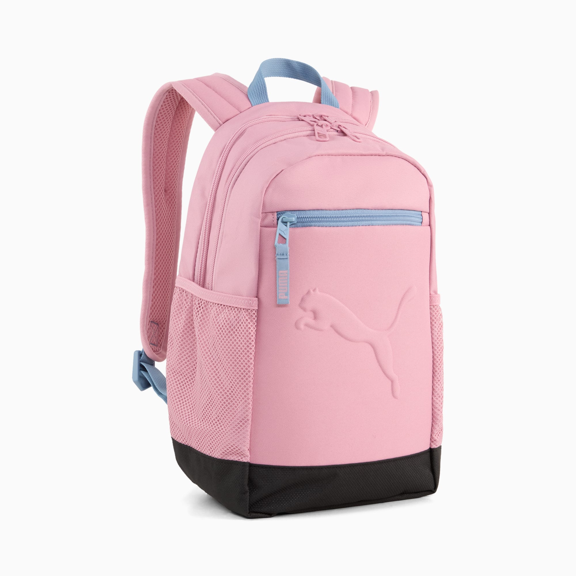 Zaino rosa PUMA unisex con zip blu e logo in rilievo.