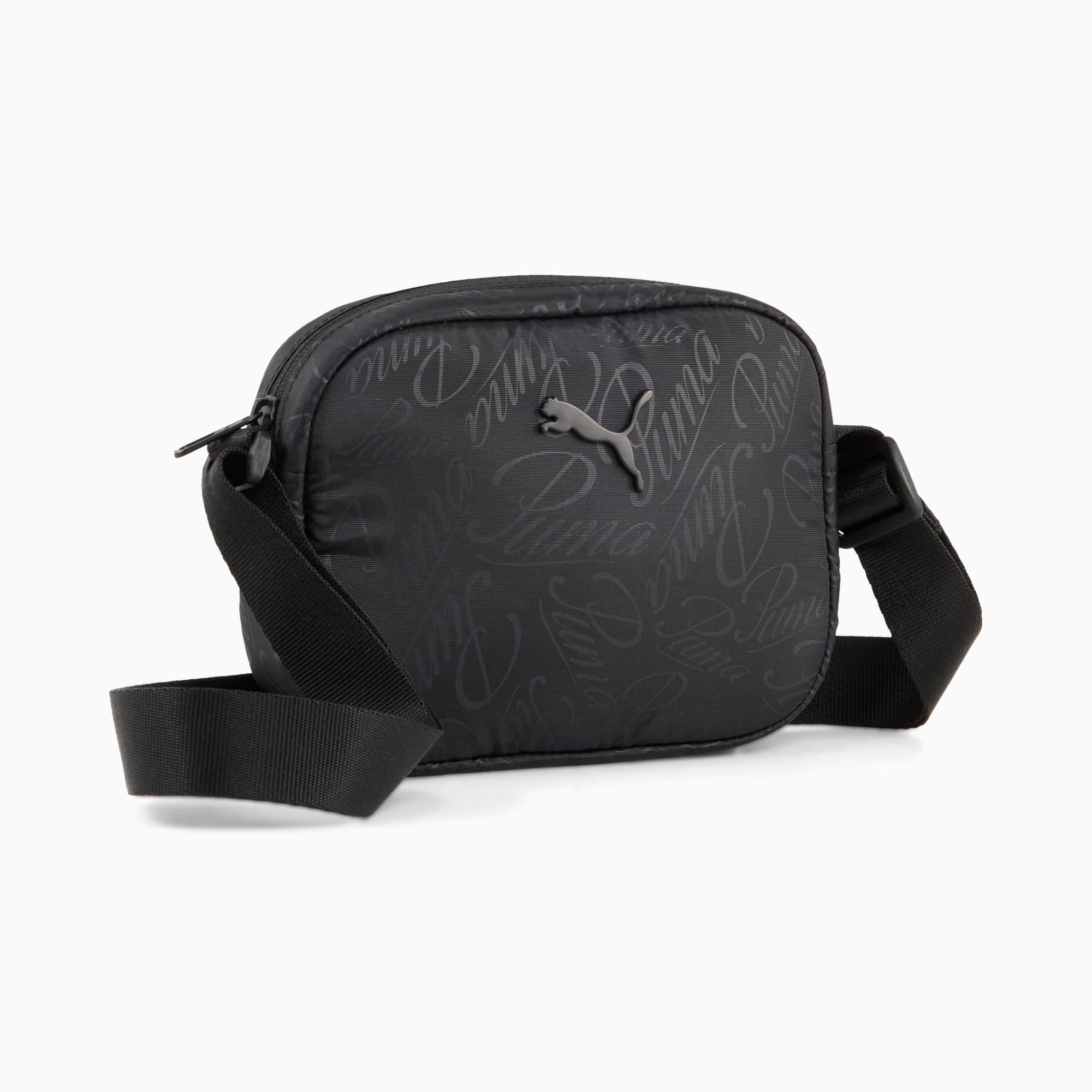 Schwarze PUMA Unisex-Umhängetasche mit Allover-Logoprint und verstellbarem Riemen.