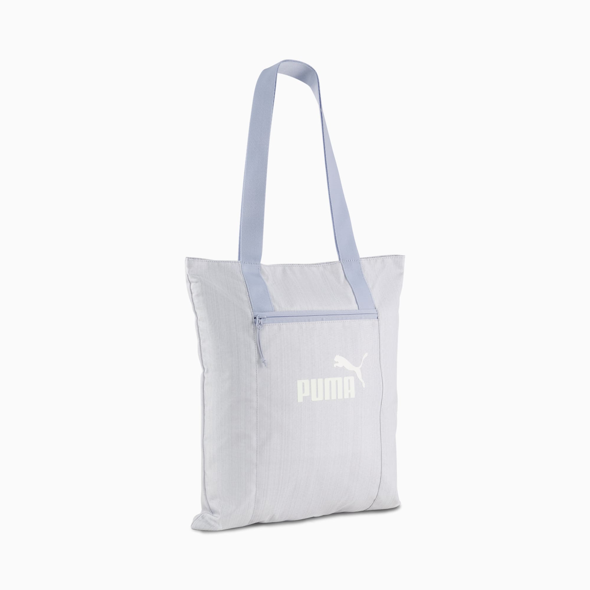 Light grey PUMA tote bag with light blue handles, zip pocket and white logo.
