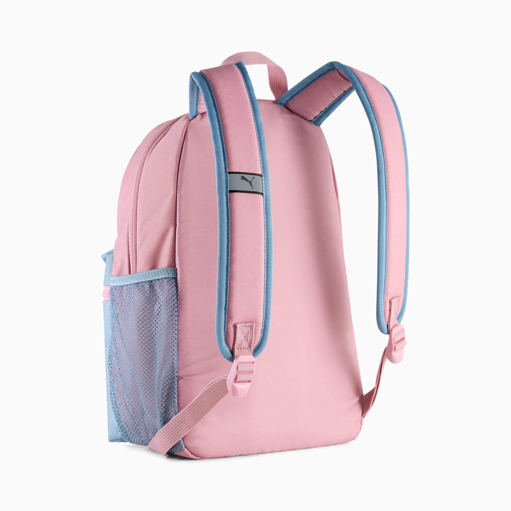 Rosa PUMA Kinderrucksack mit blauem Rand, verstellbaren Trägern und Netzseitentasche.