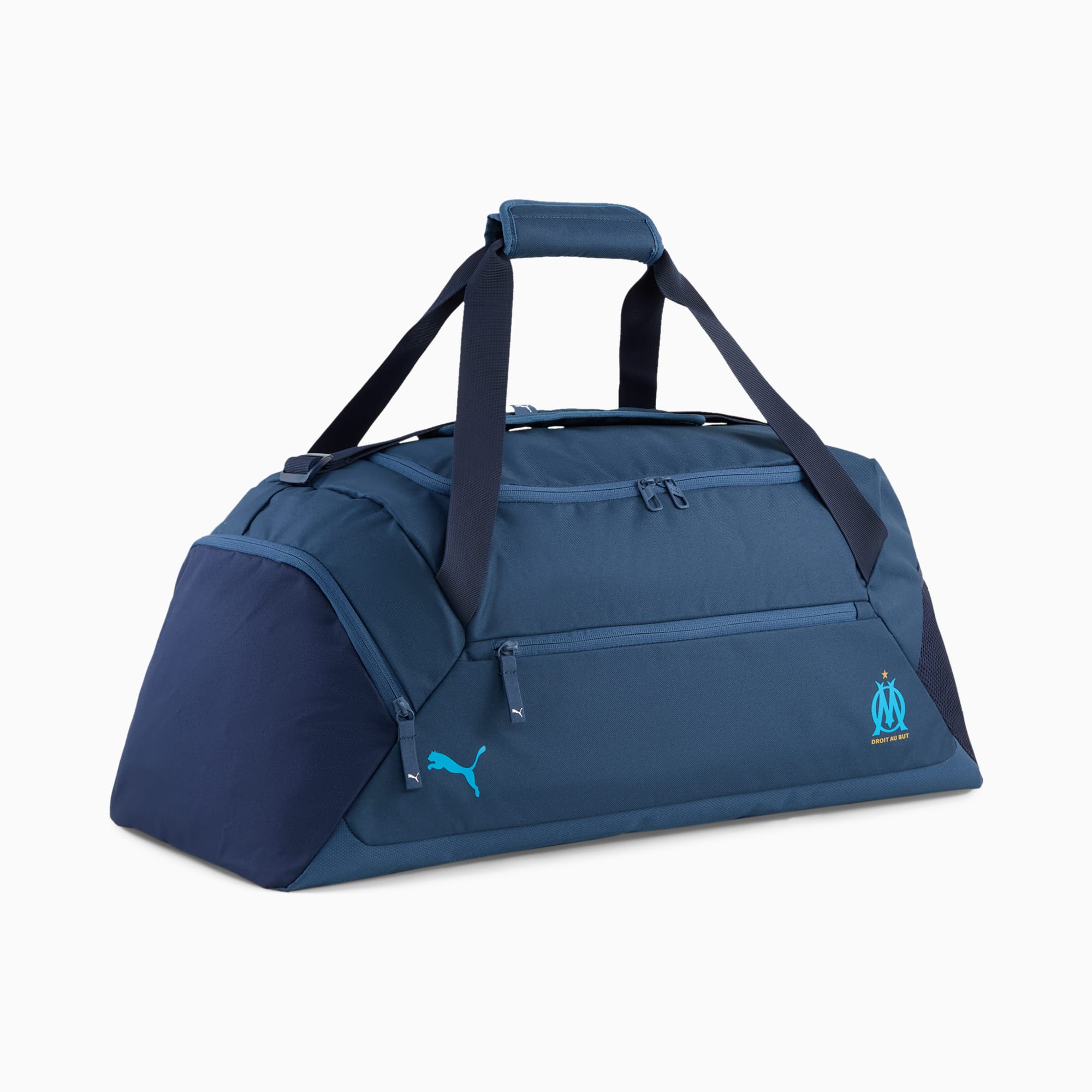 Borsone blu PUMA con zip, cinghie di trasporto e logo Olympique de Marseille.