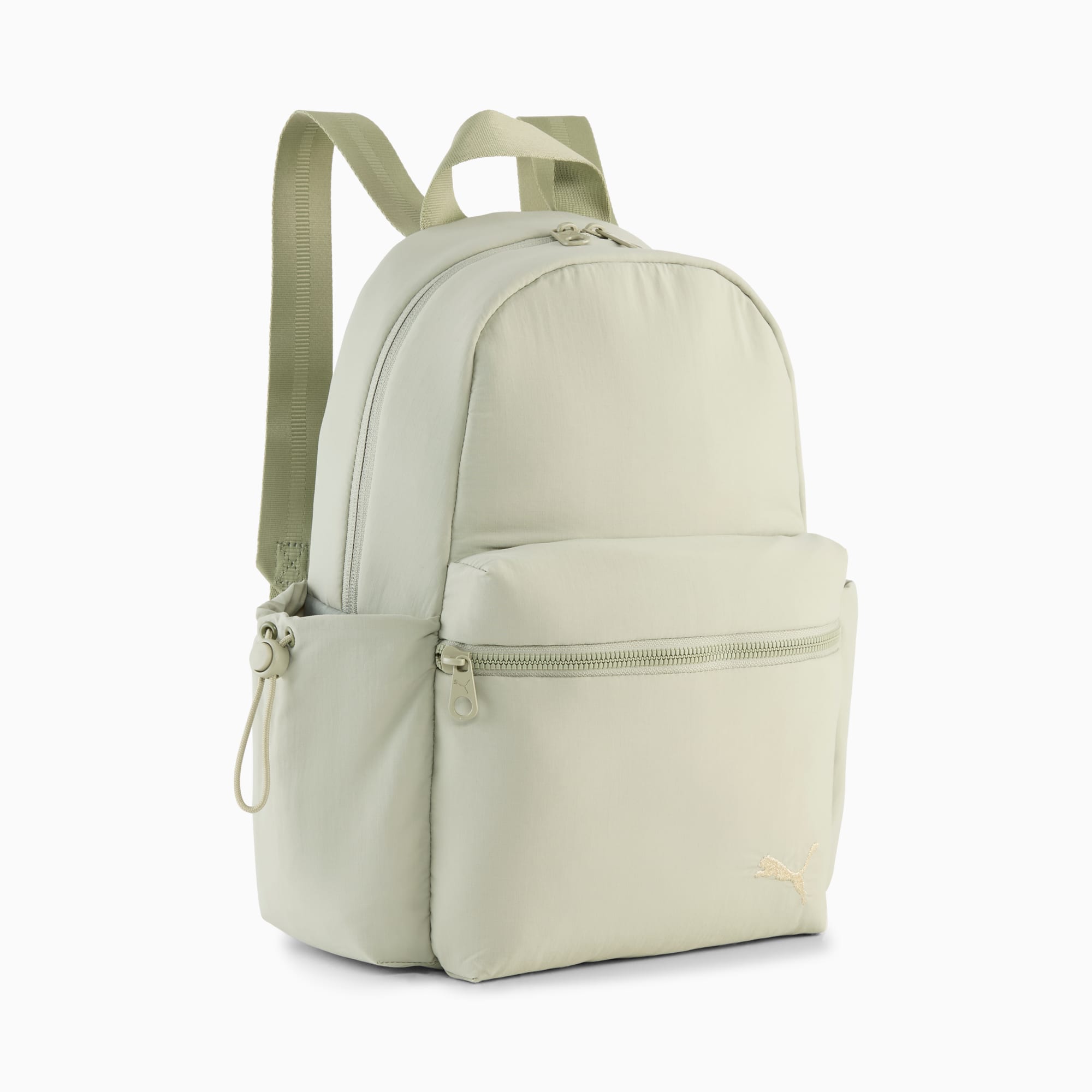 Sac à dos PUMA femme vert pâle avec compartiments zippés et bretelles réglables.