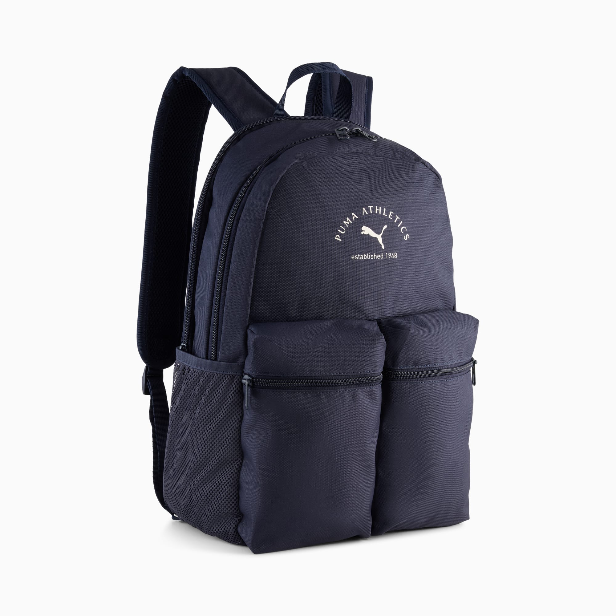 Sac à dos PUMA marine avec logo blanc, deux poches frontales et poche latérale en filet.