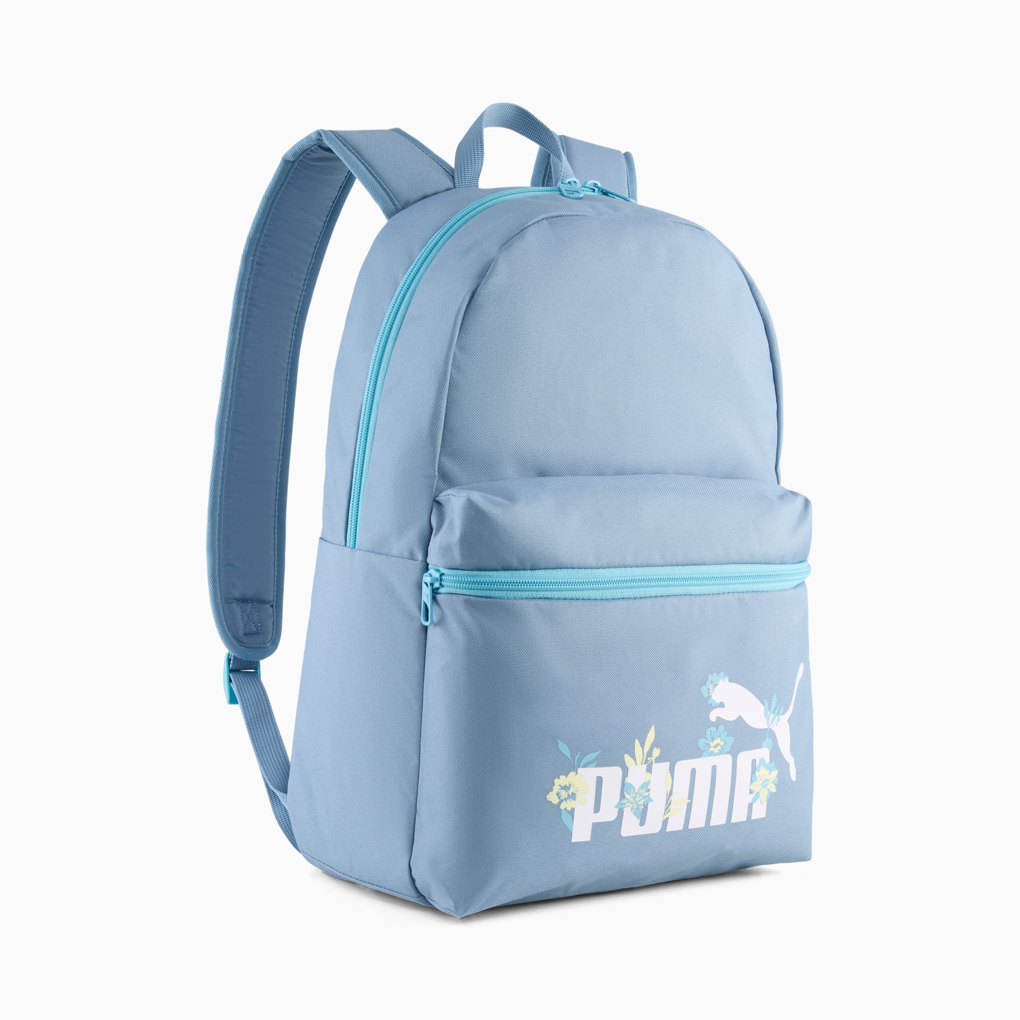 Sac à dos PUMA bleu, style jeune, avec logo floral et zips bleu clair.