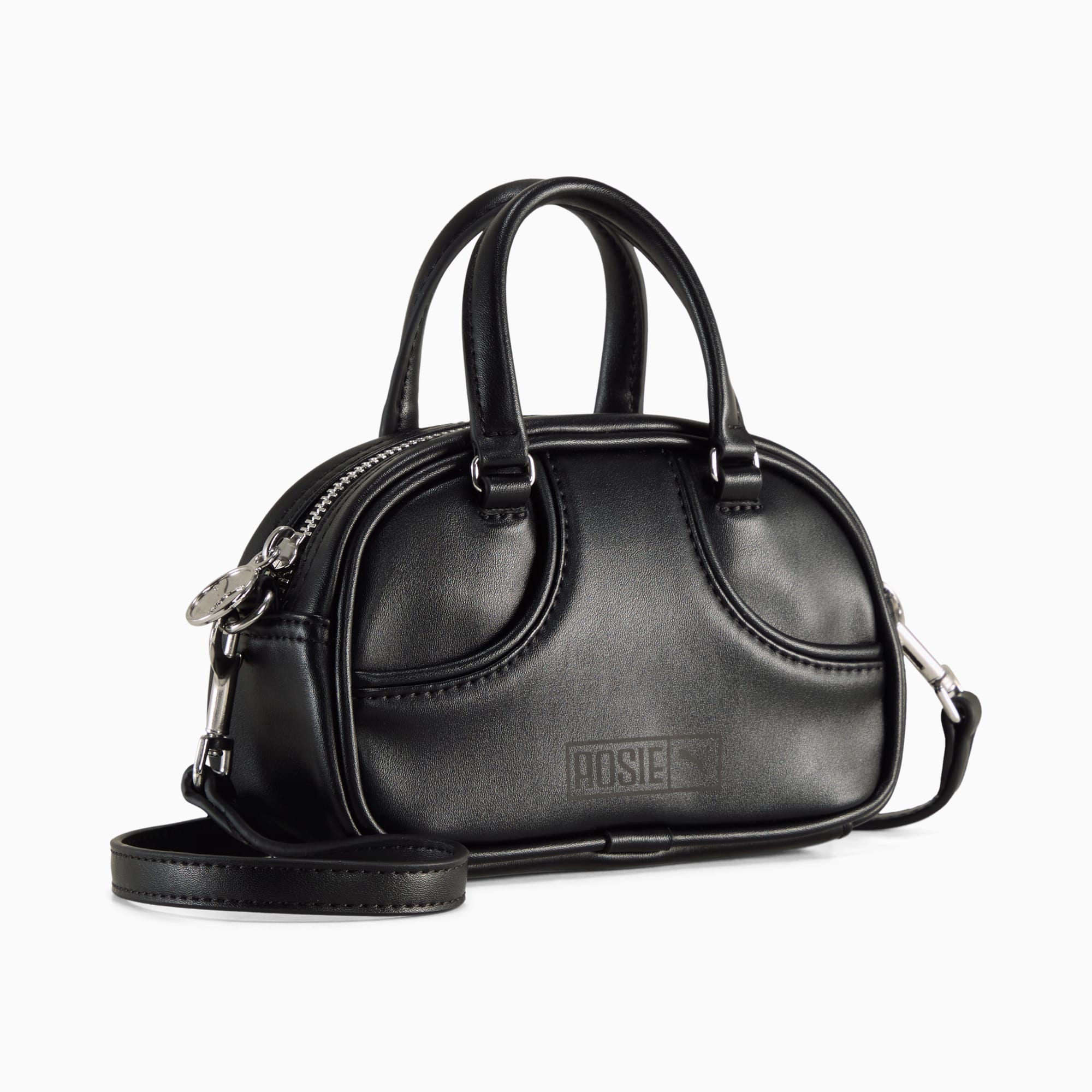 Black ROSIE Women's bowler bag with top handles and a shoulder strap.