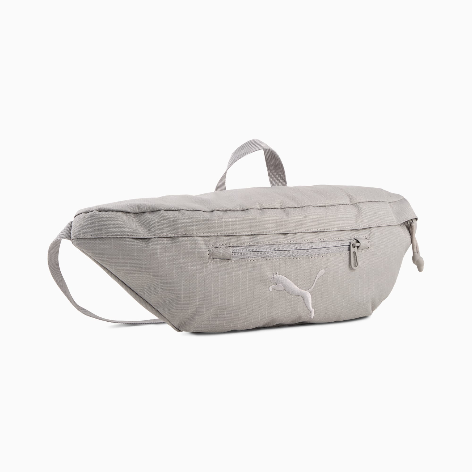 Graue PUMA Bauchtasche mit Reißverschlusstasche und Markenlogo vorne.