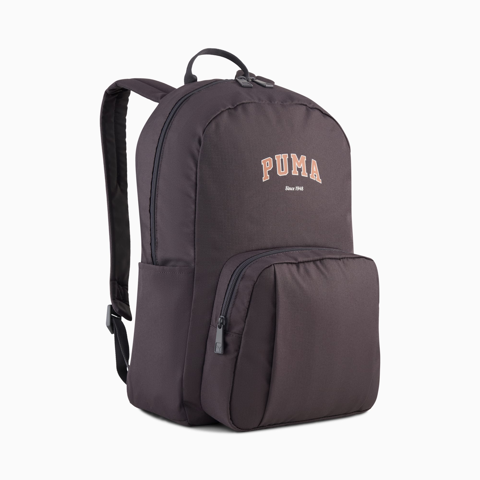 Dark grey PUMA adult backpack with front pocket and logo detail.