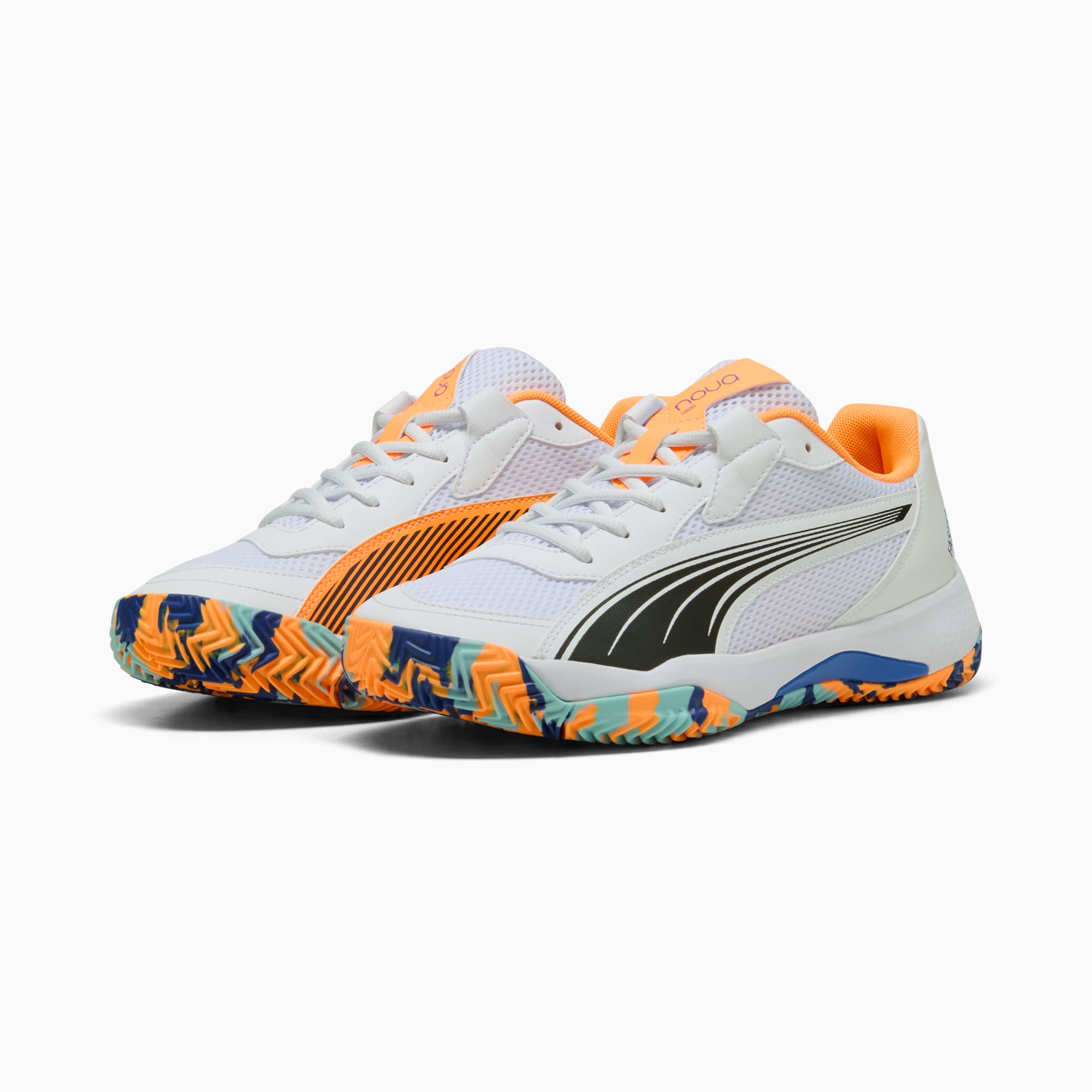 NOVA Court Padel Shoes, PUMA White-PUMA Black-Vivid Blue-Heat Fire, large
