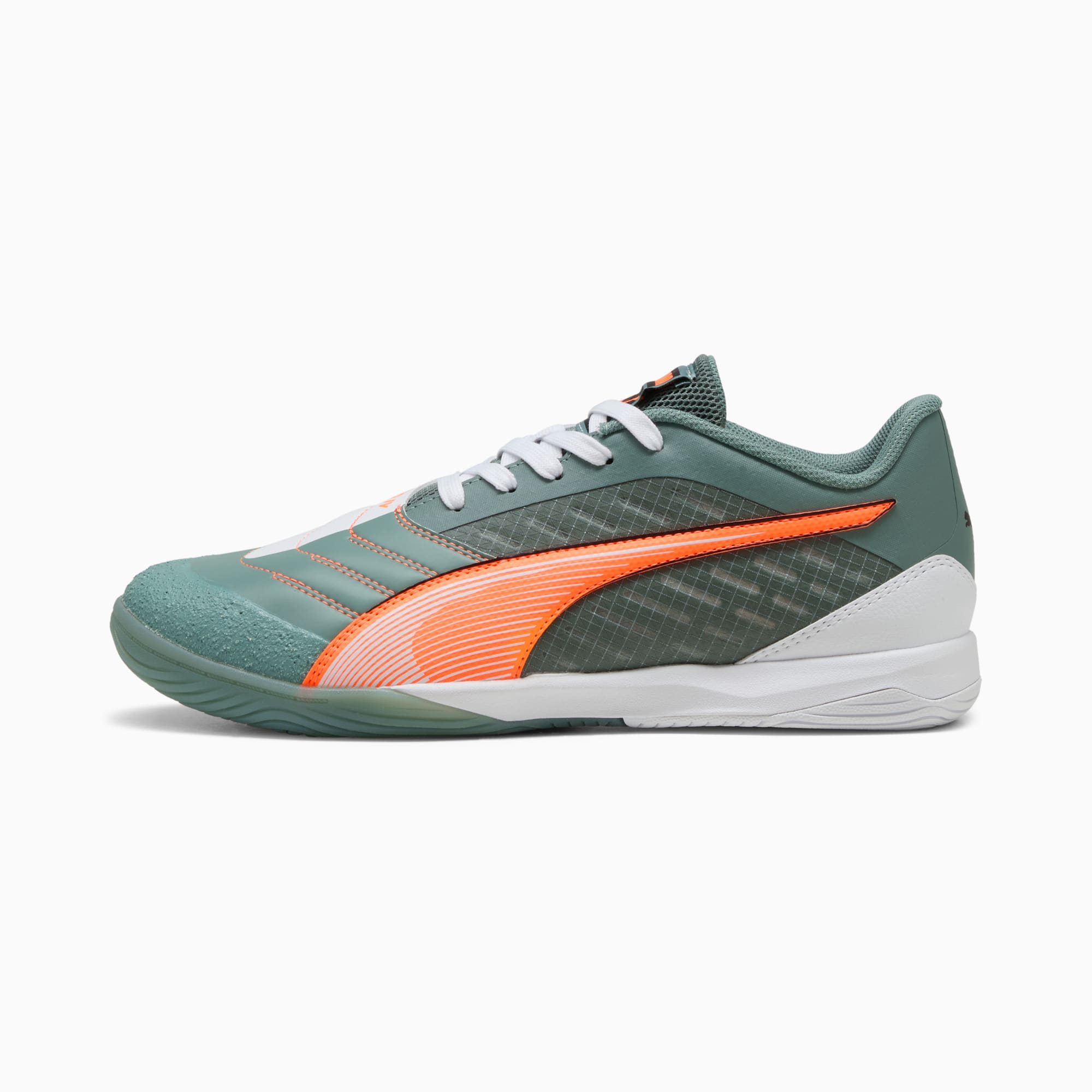 Scarpa PUMA verde con strisce arancioni e lacci bianchi per adulti.