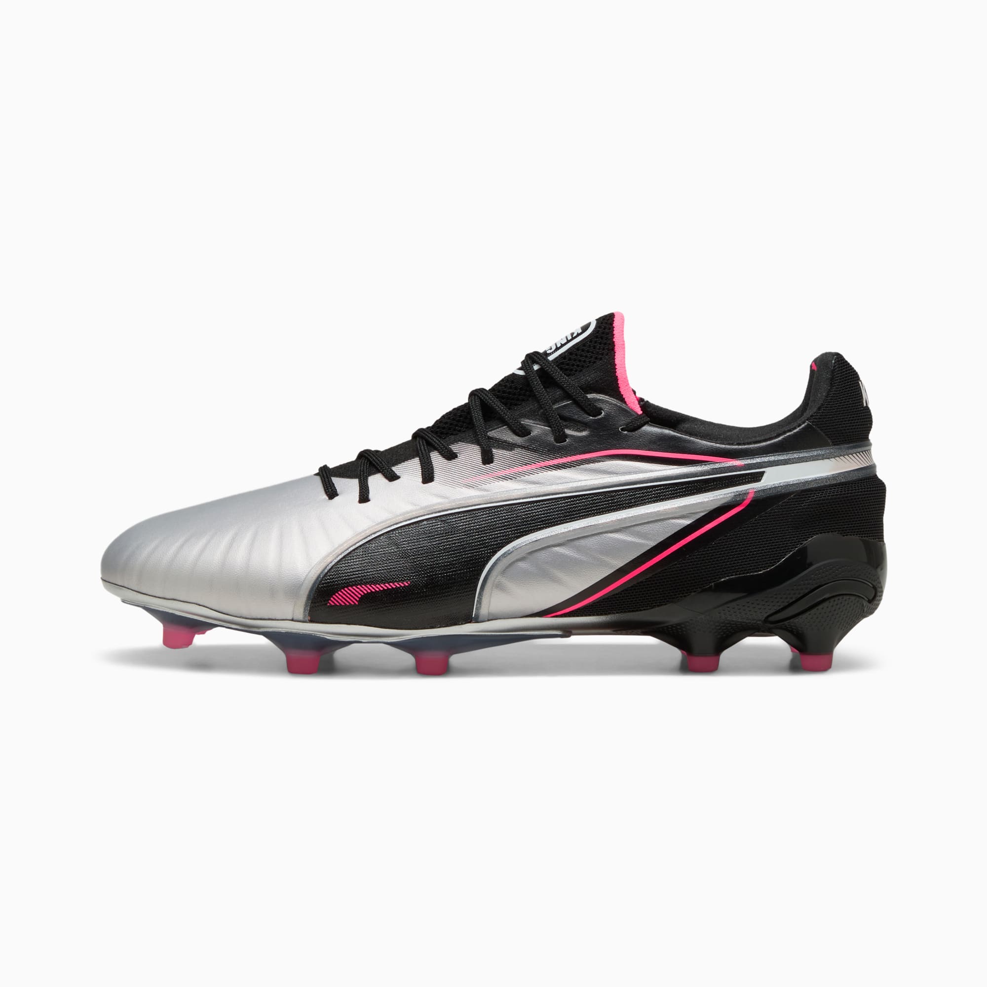 Scarpa da calcio PUMA argentata, con dettagli neri e rosa, per adulti.