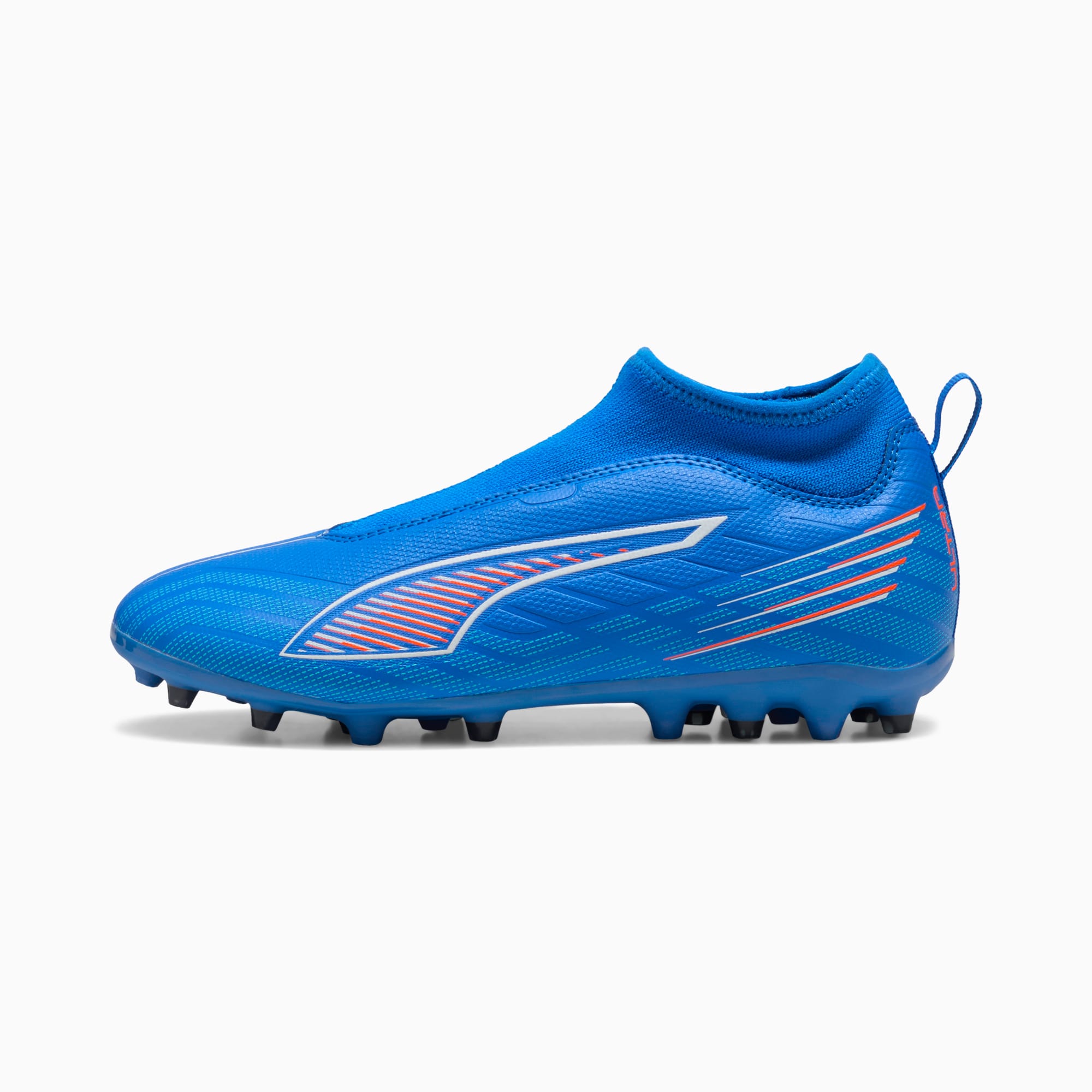 Scarpa da calcio PUMA blu, taglia bambino, con design a strisce arancioni e bianche.