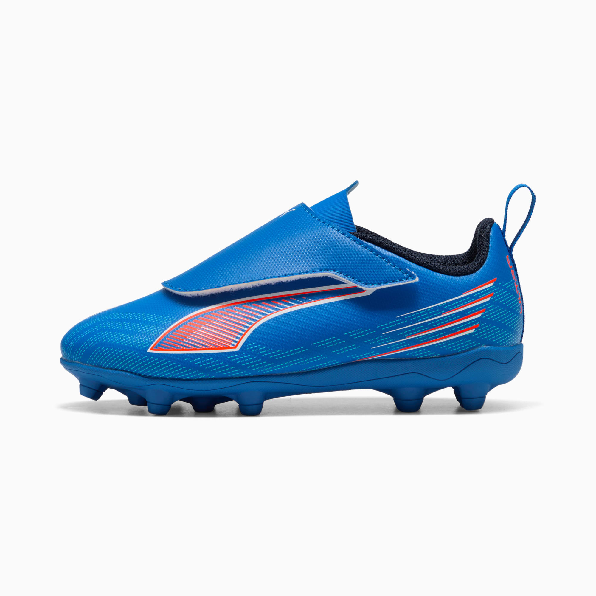 Scarpa da calcio PUMA blu per bambini con chiusura a strappo e motivo.