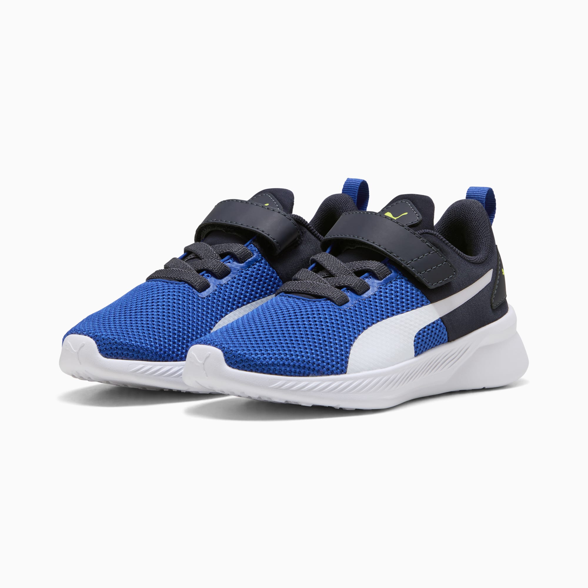 Blue PUMA trainers for toddlers, featuring a white stripe and touch-fastening strap.