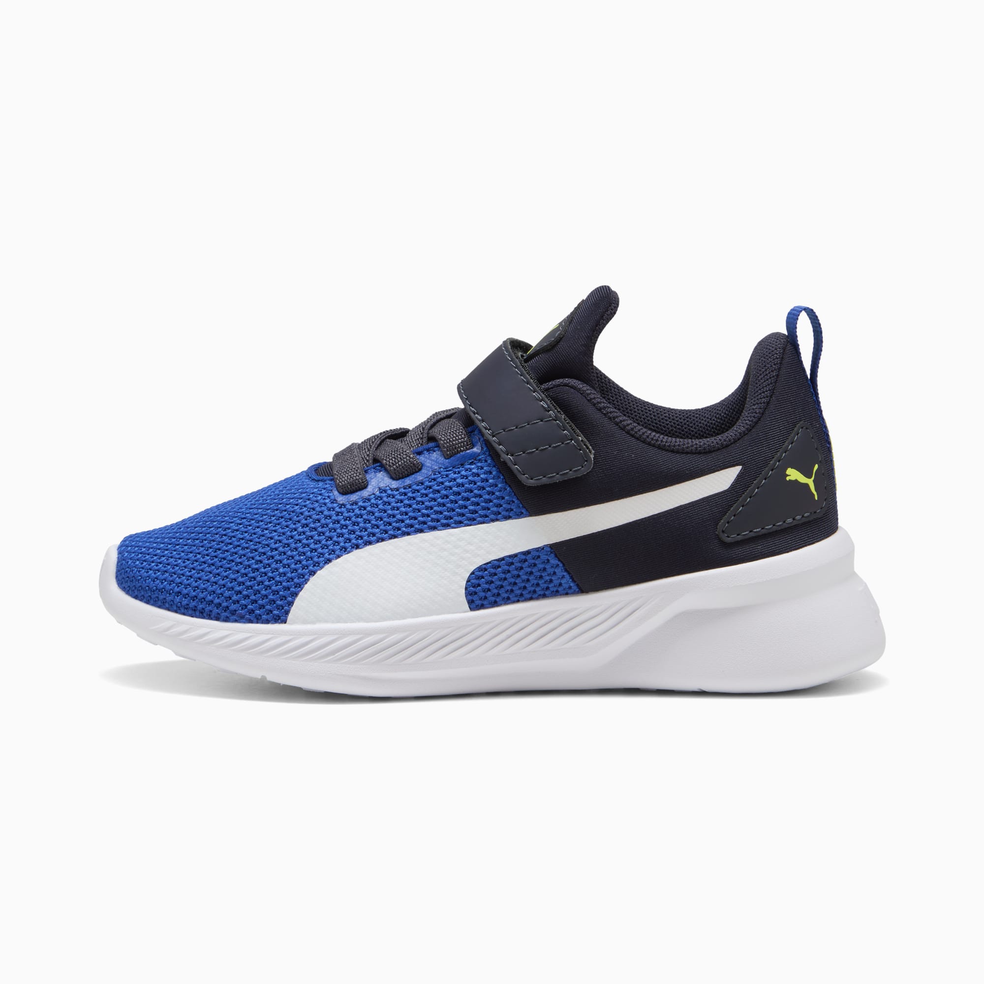 Blue PUMA trainer (child) with white stripe, navy accents, and touch-fastening strap.