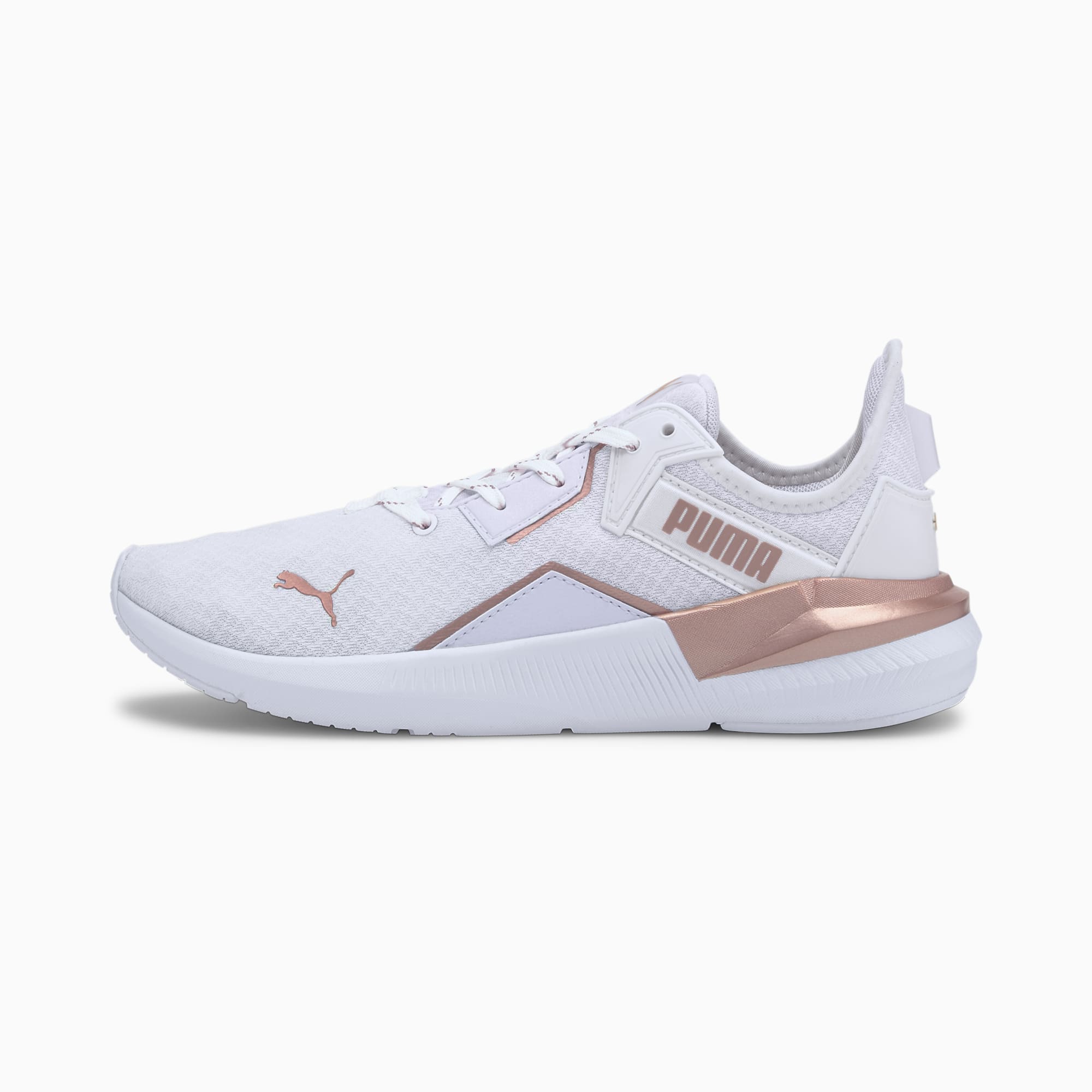 white and rose gold pumas