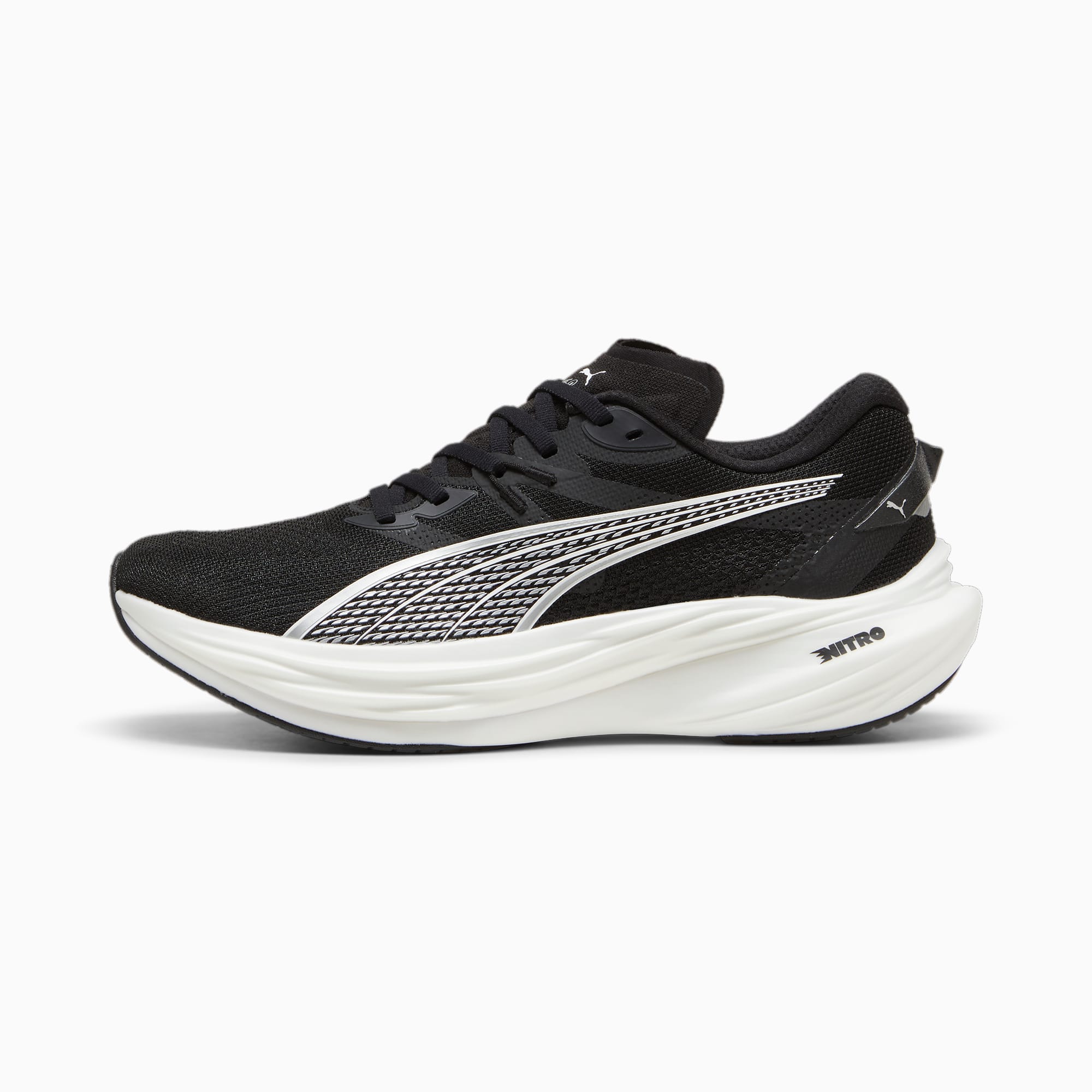 Black PUMA running shoe for adults with white formstrip and 'NITRO' detail.