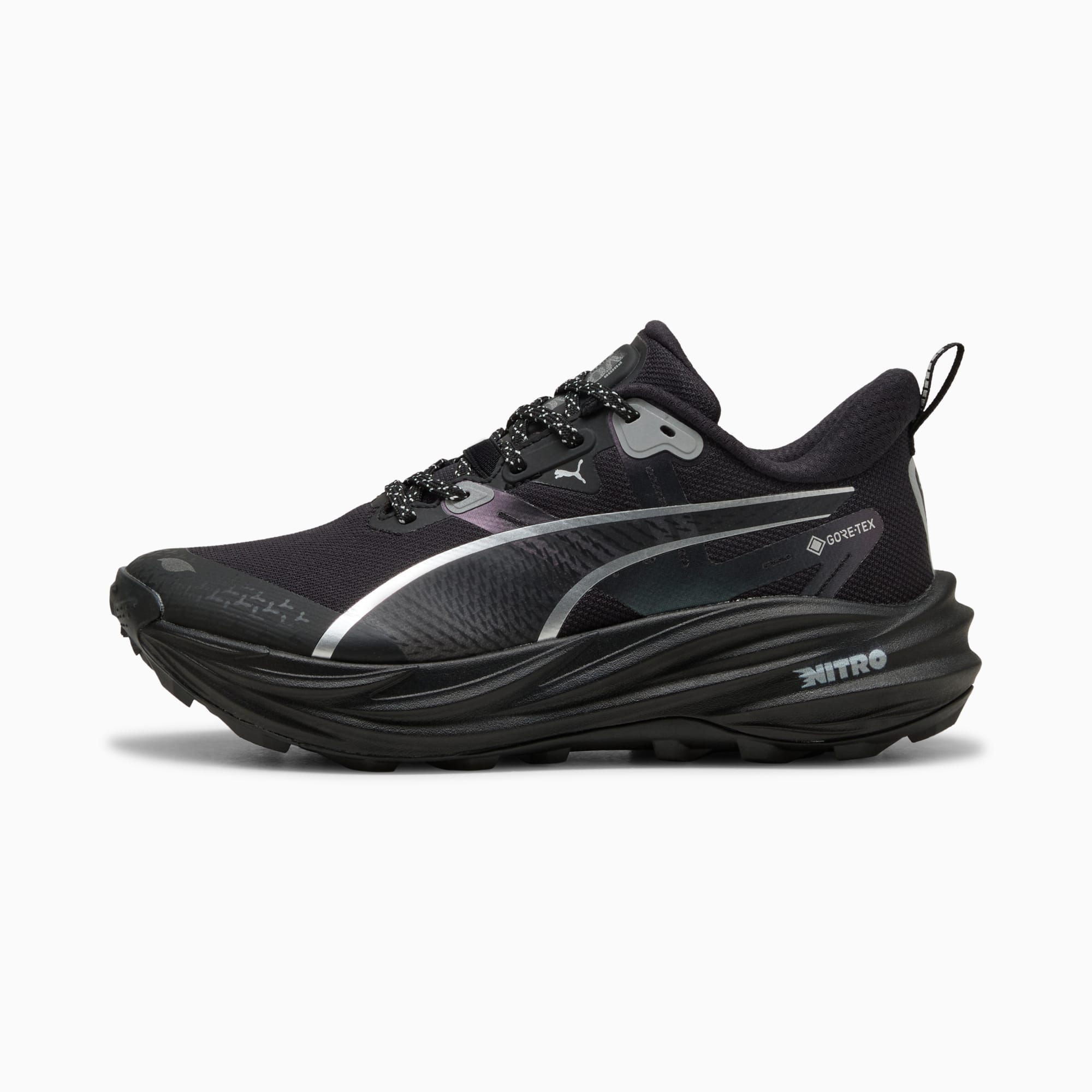 Black PUMA men's trail shoe with silver formstrip and 'GORE-TEX' detail.