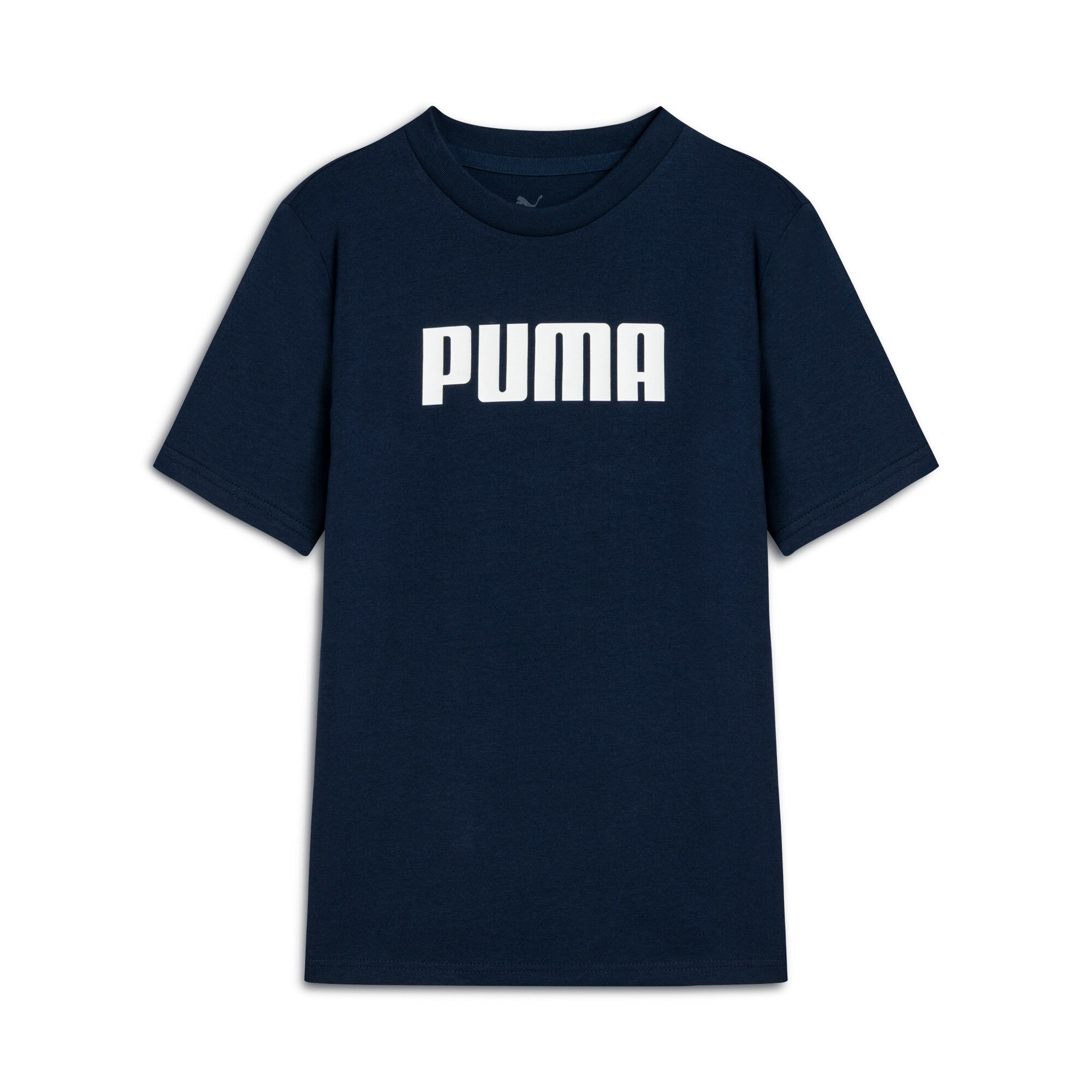 Marineblauw PUMA T-shirt voor kinderen, met een prominent wit logo.