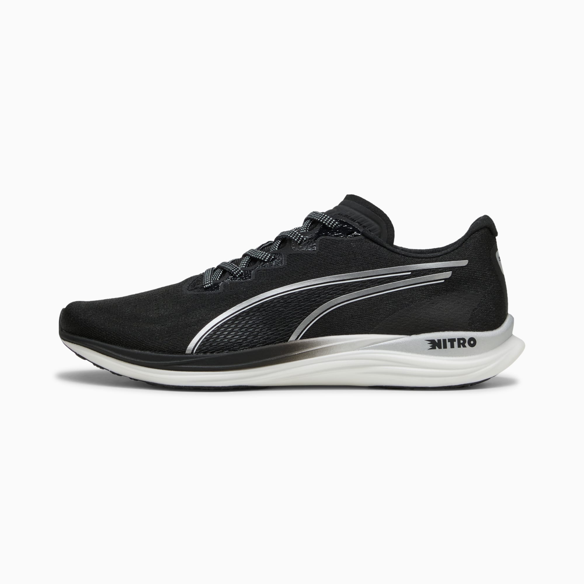 Scarpa da running nera PUMA da adulto con strisce argentate e suola bianca.