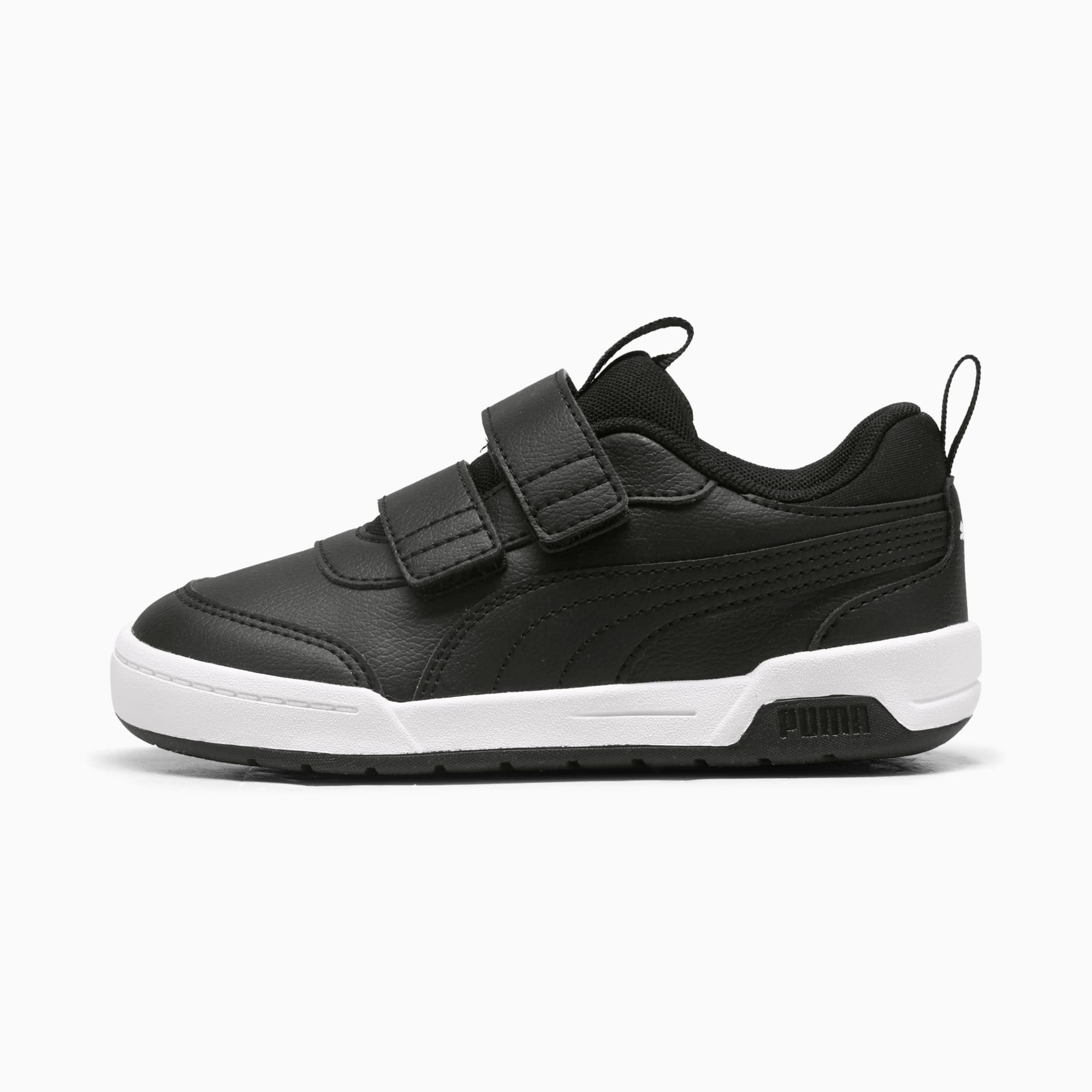 Basket PUMA noire pour enfant avec deux brides à scratch et semelle blanche.
