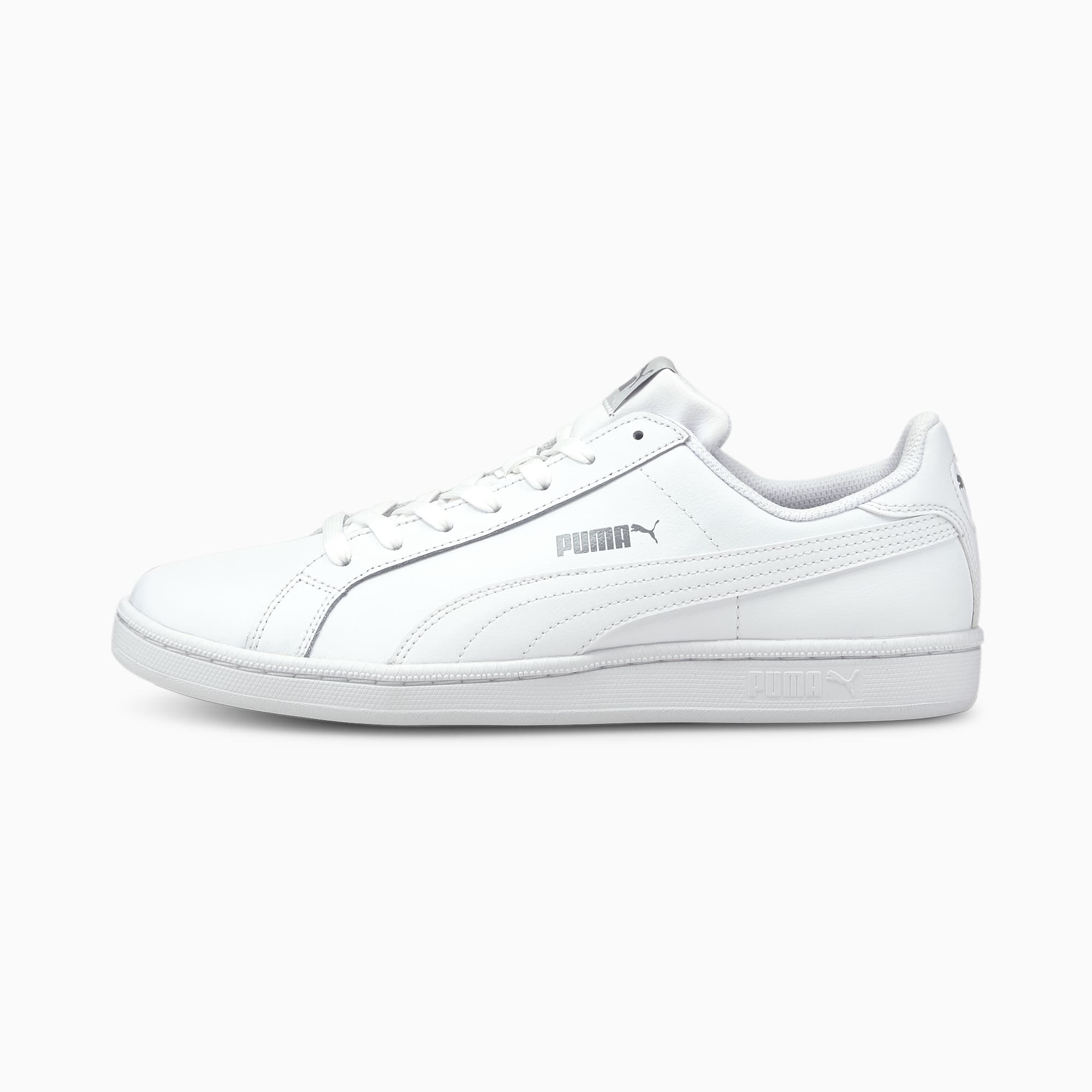 white leather puma shoes