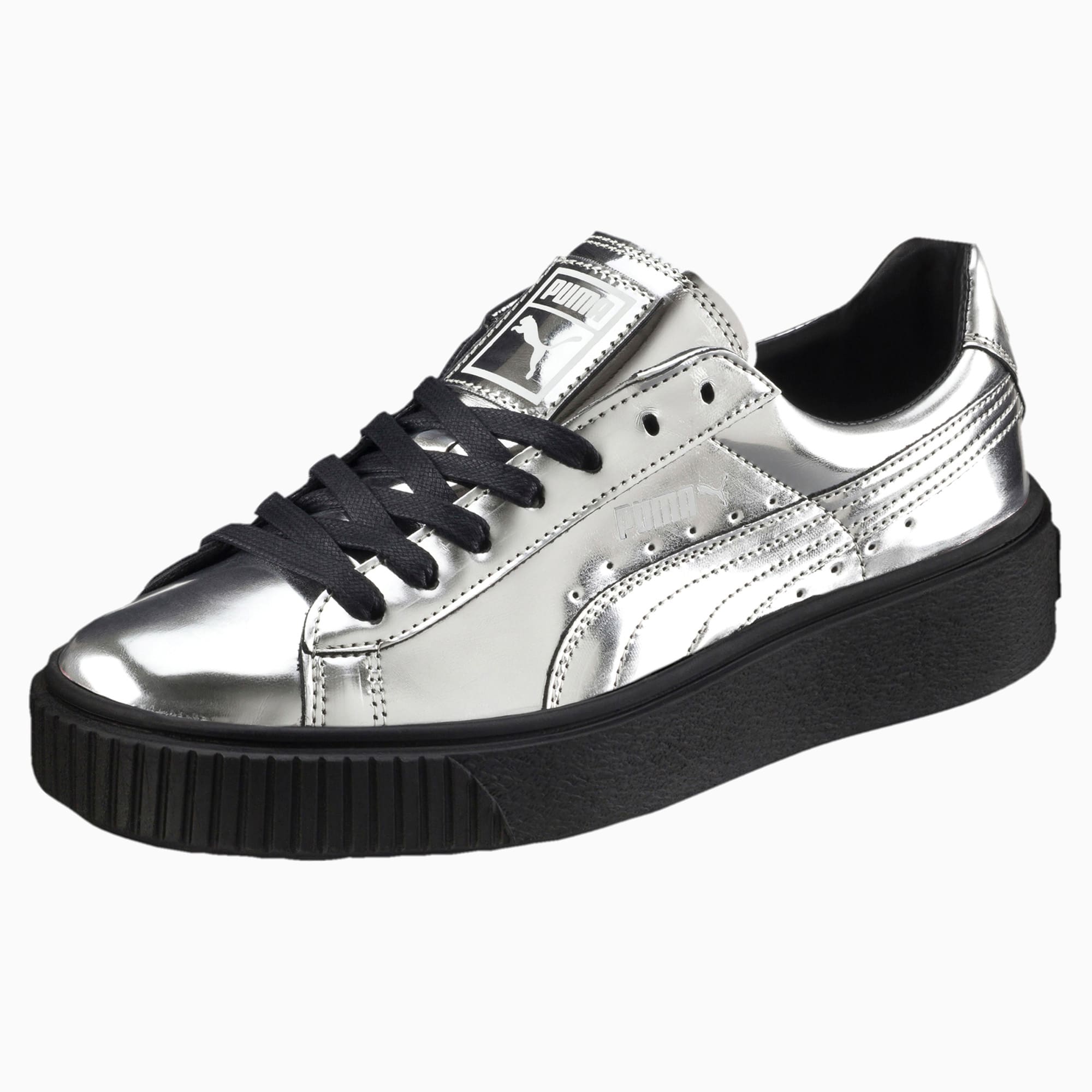 puma metallic basket platform trainers in silver