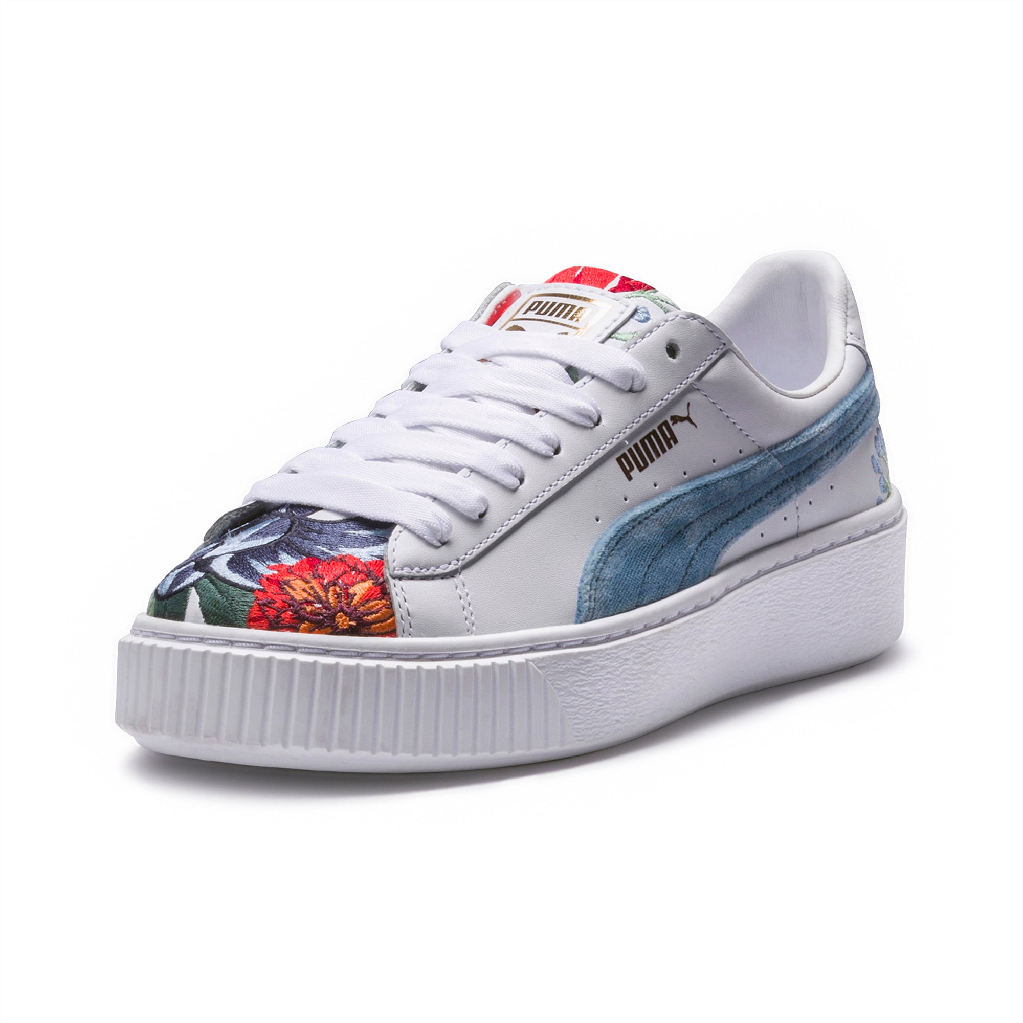 puma suede platforms in white with embroidery