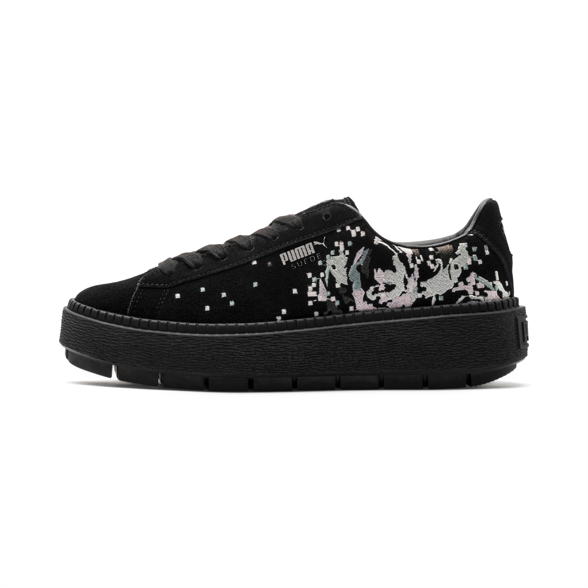 puma suede platforms in white with embroidery