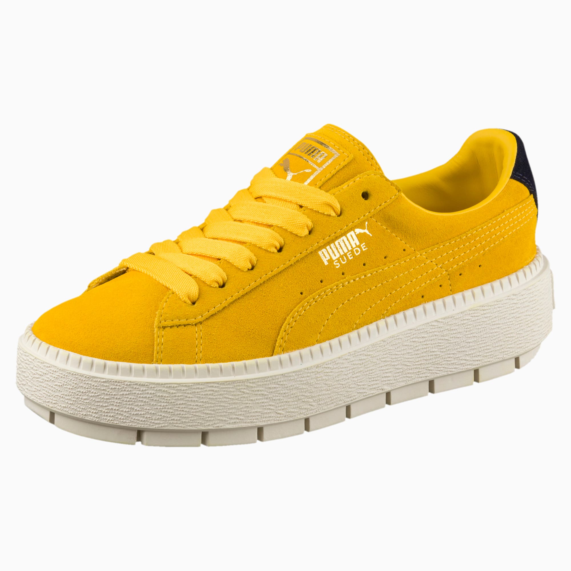 puma blue & yellow trace suede platform trainers