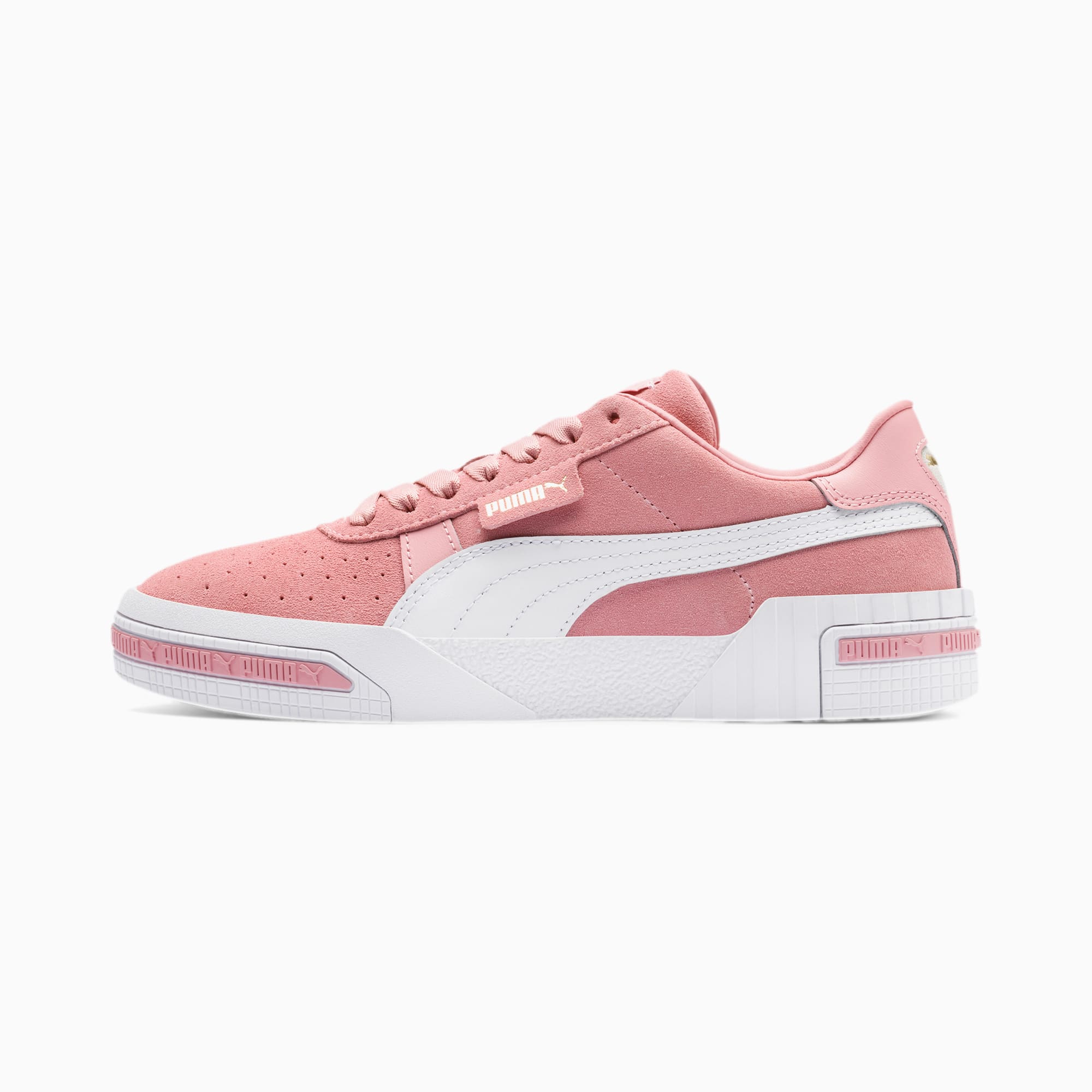 pink pumas with gold writing